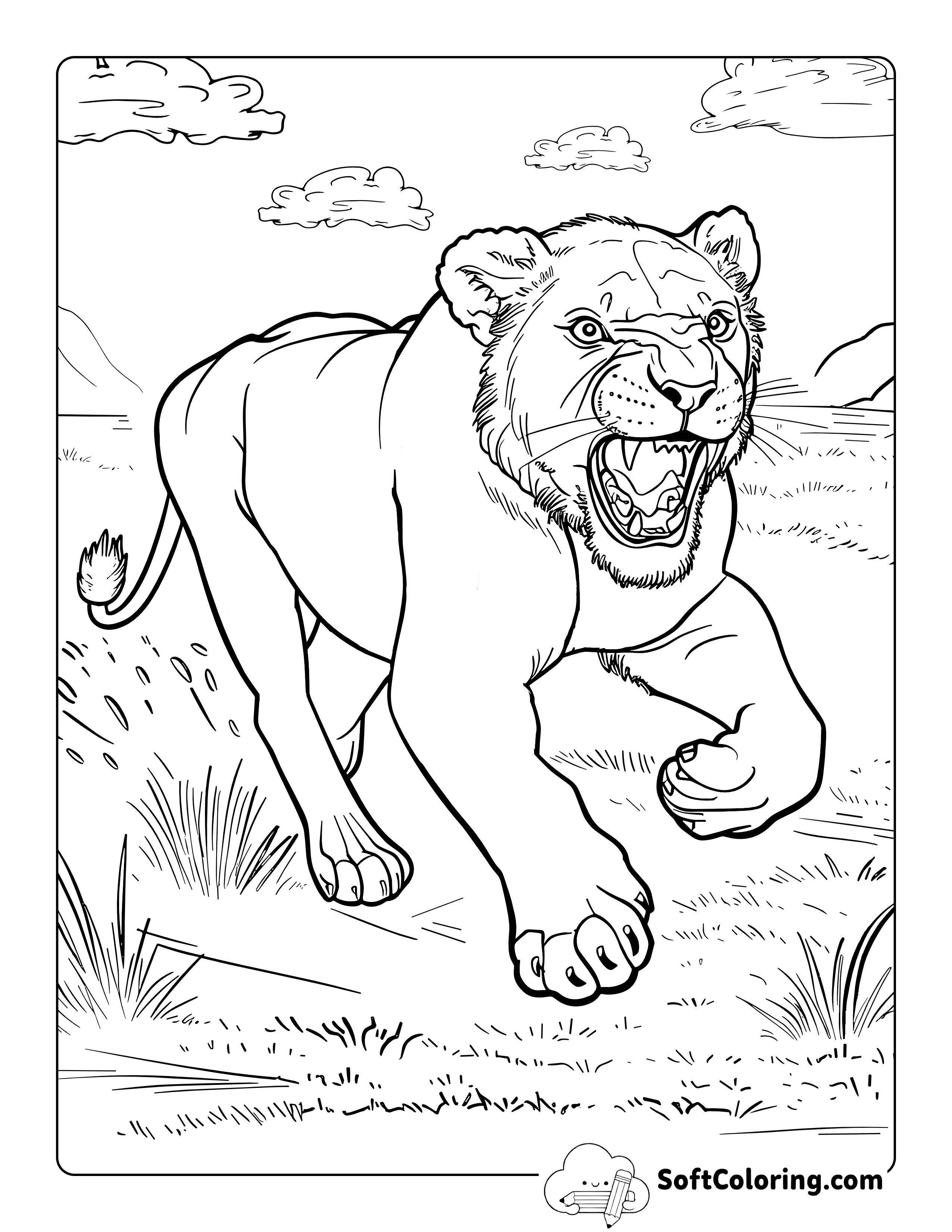 Realistic Hunting Lion Coloring Sheet Printable