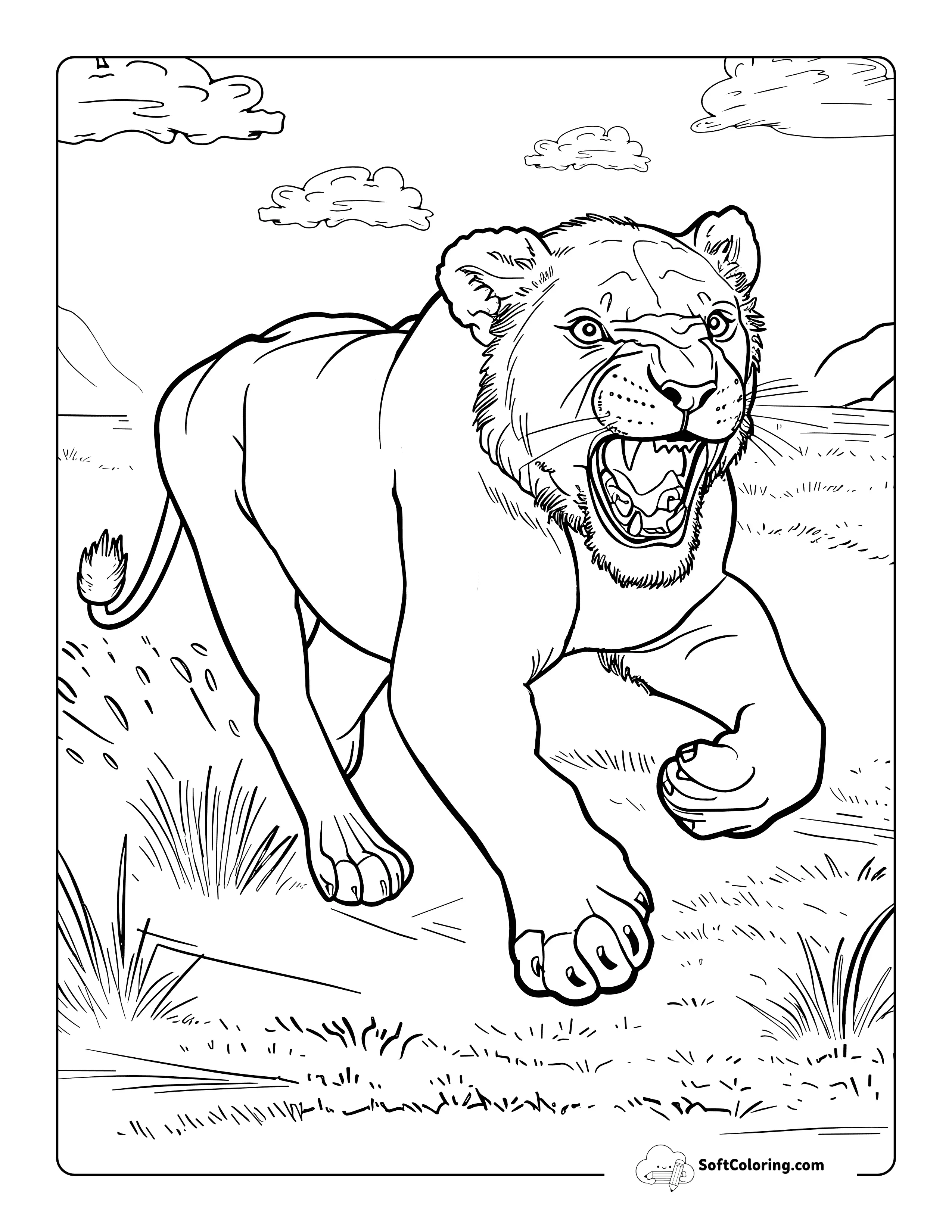 Realistic Hunting Lion Coloring Sheet Printable