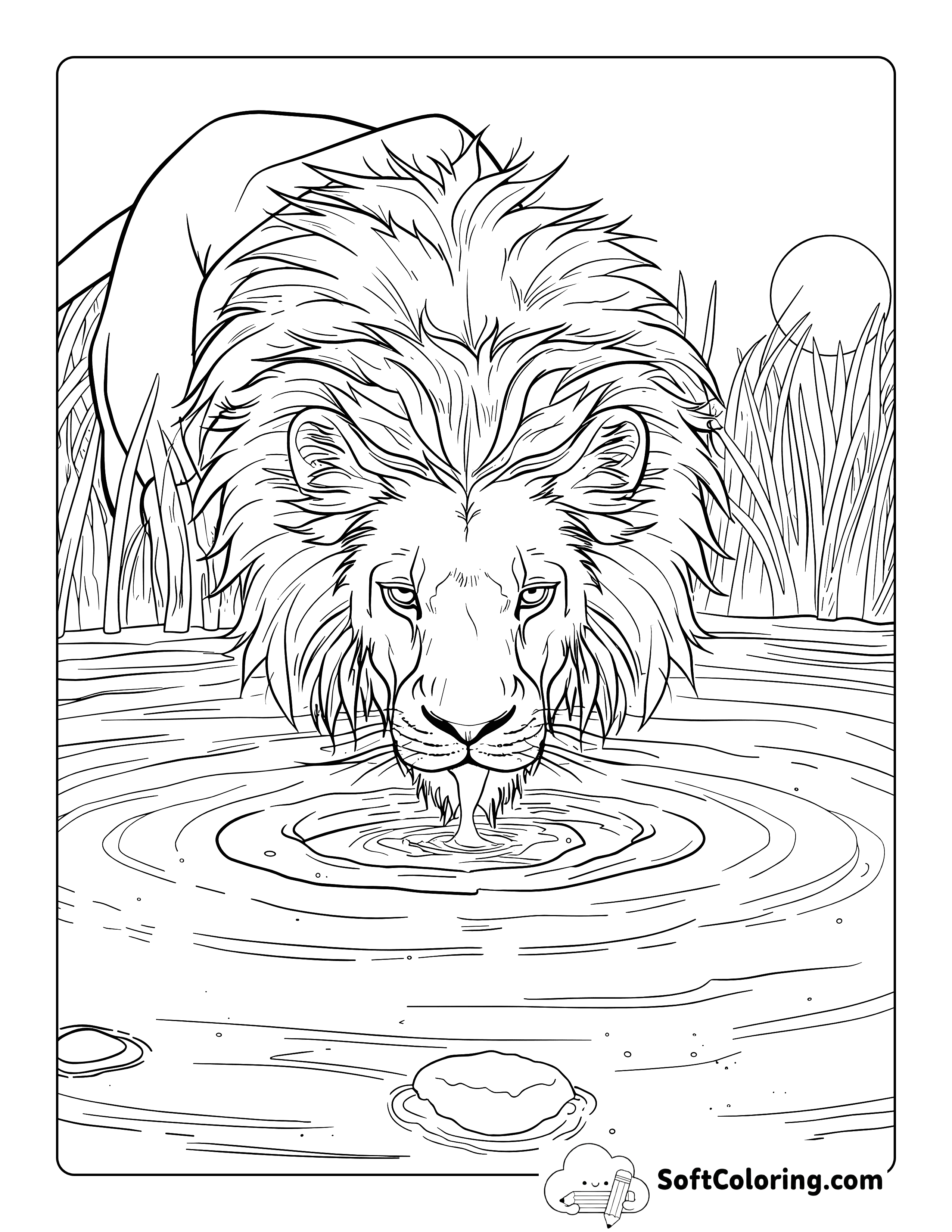 Lion Drinking Water Realistic Coloring Page Printable