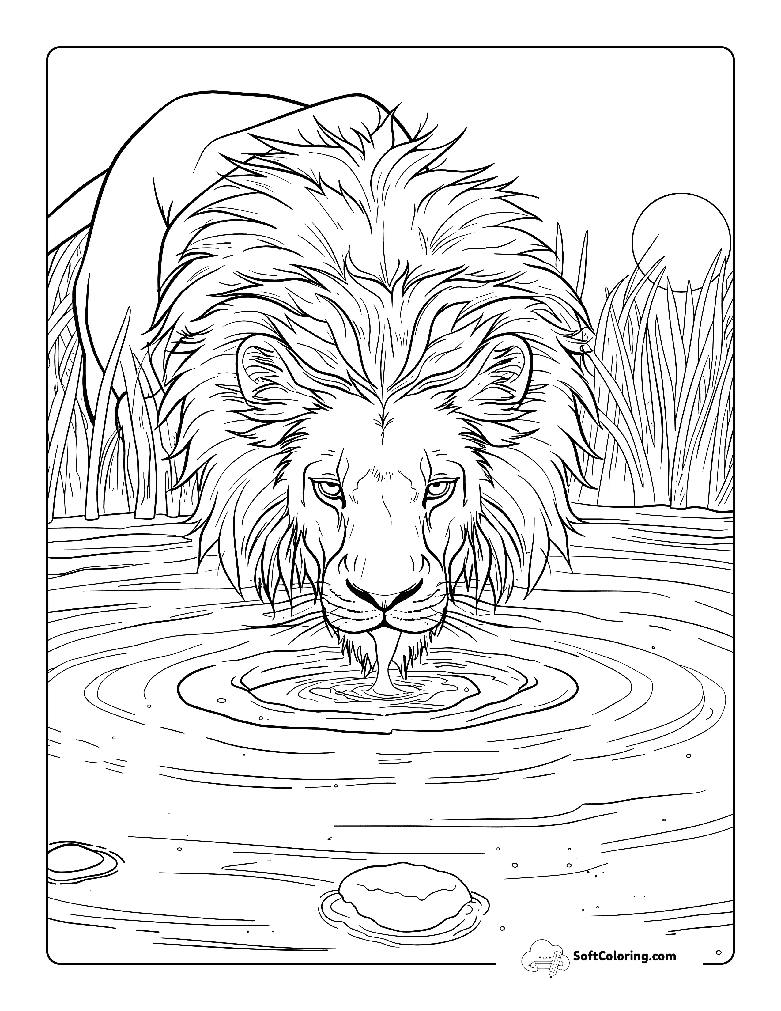 Lion Drinking Water Realistic Coloring Page Printable