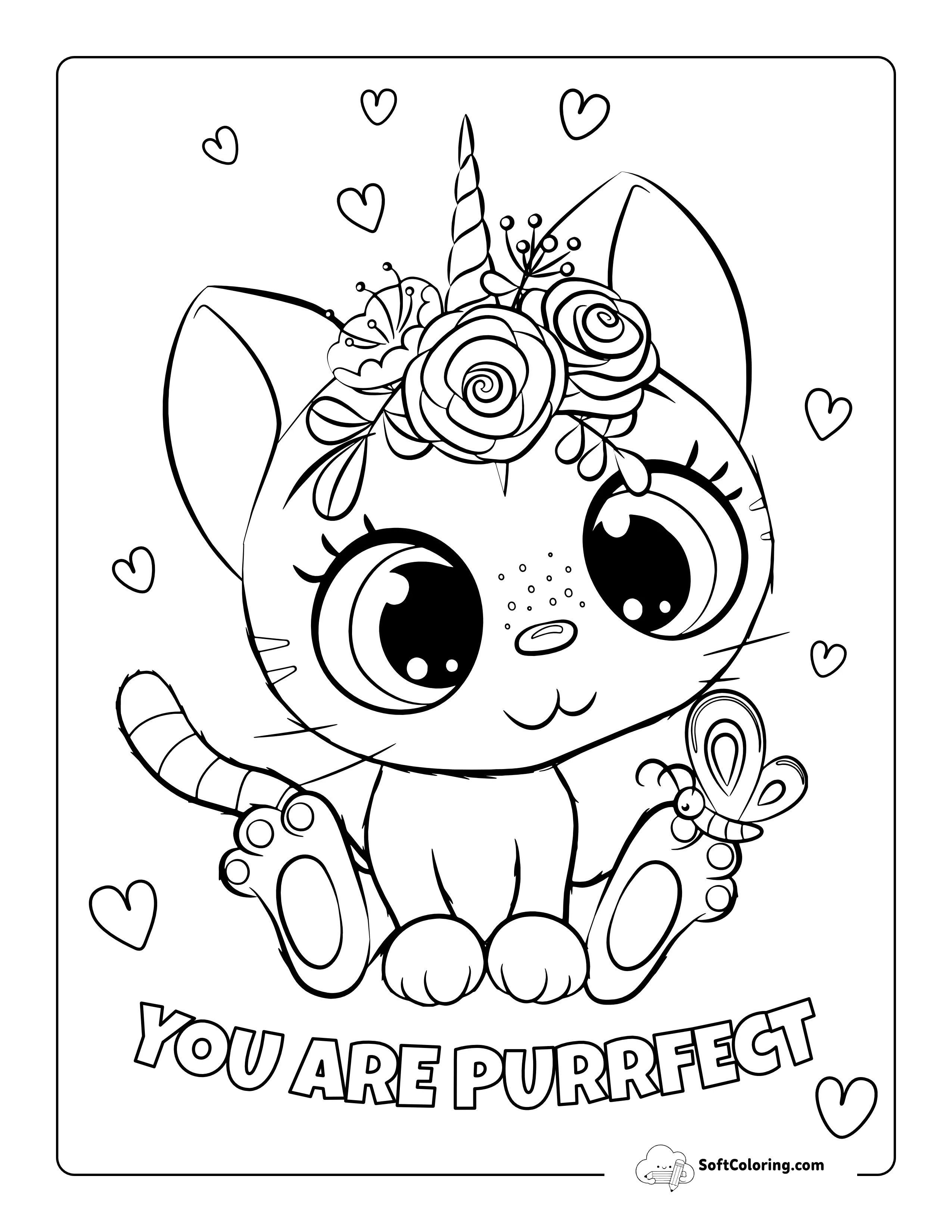 "You Are Purrfect" Kawaii-Style Love Coloring Sheet