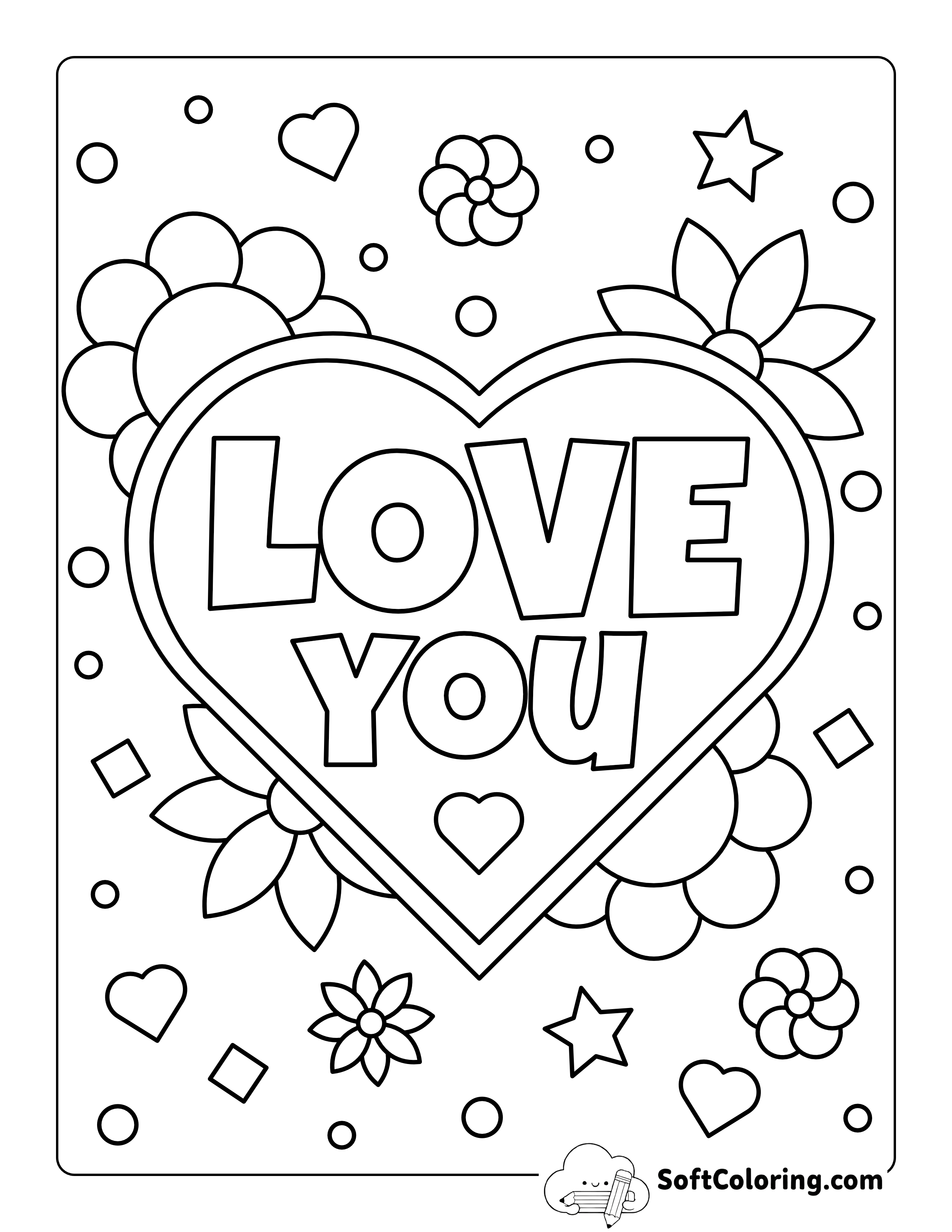 "Love You" Hearts & Flowers Coloring Sheet for Kids