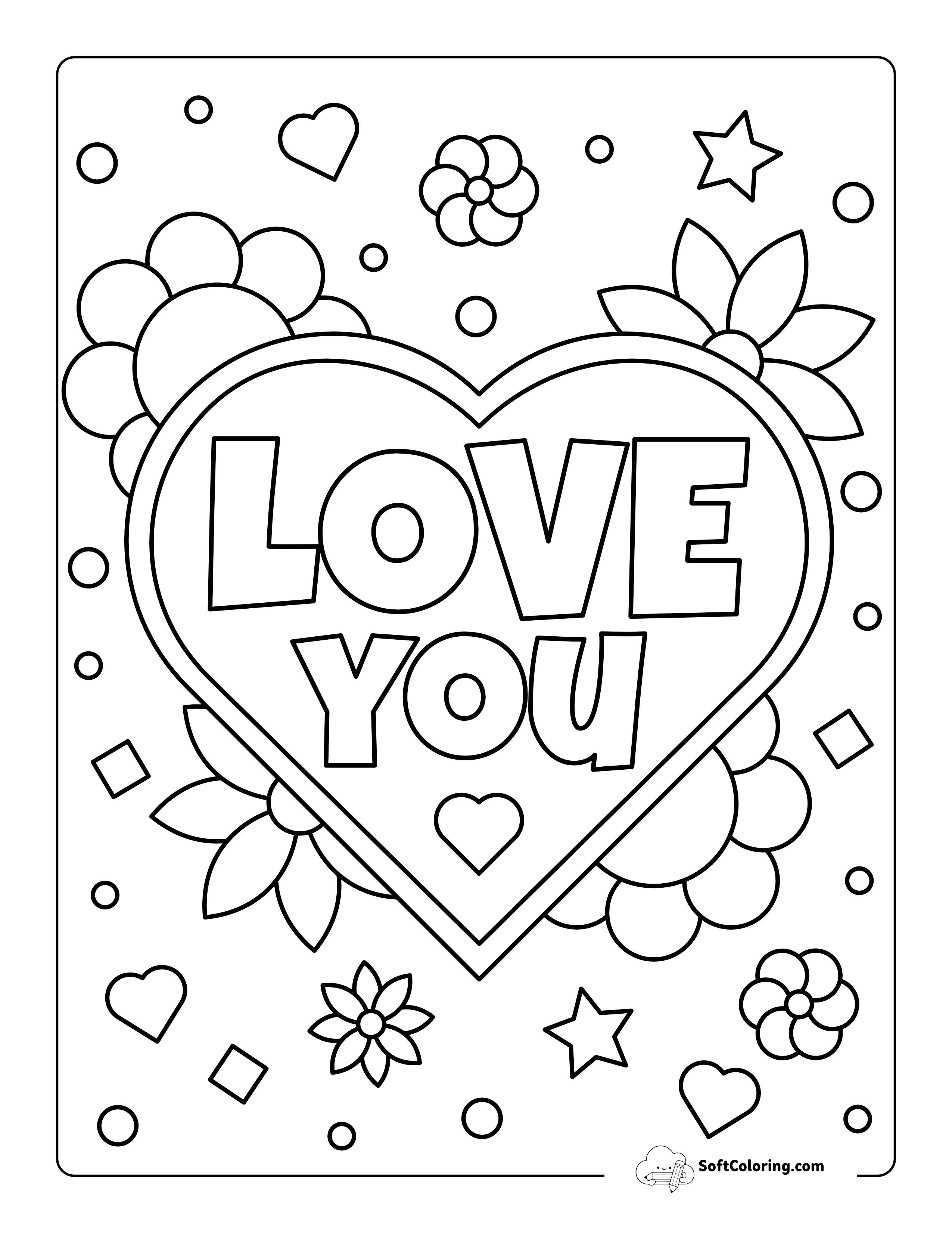 "Love You" Hearts & Flowers Coloring Sheet For Kids