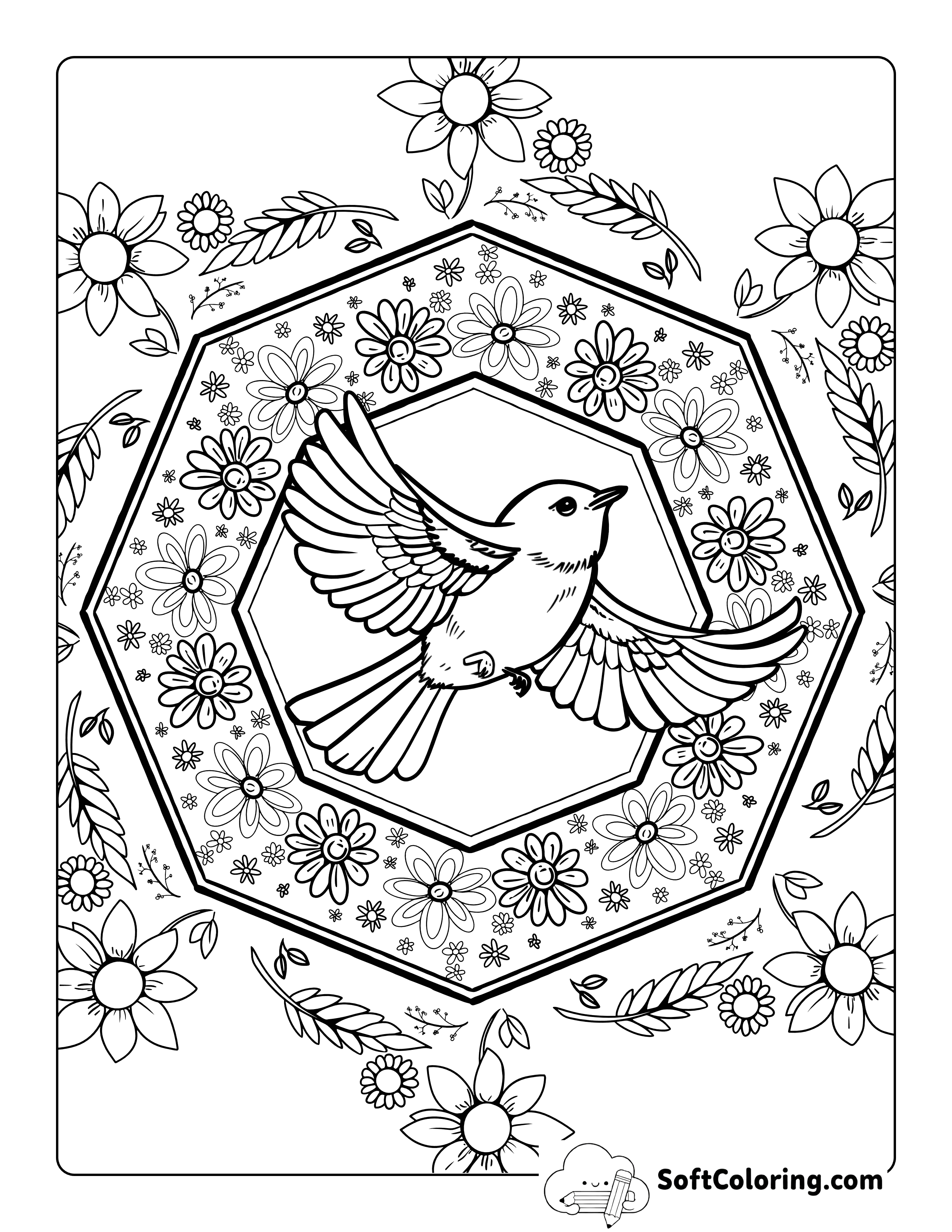 Spring Bird Mandala Coloring Sheet