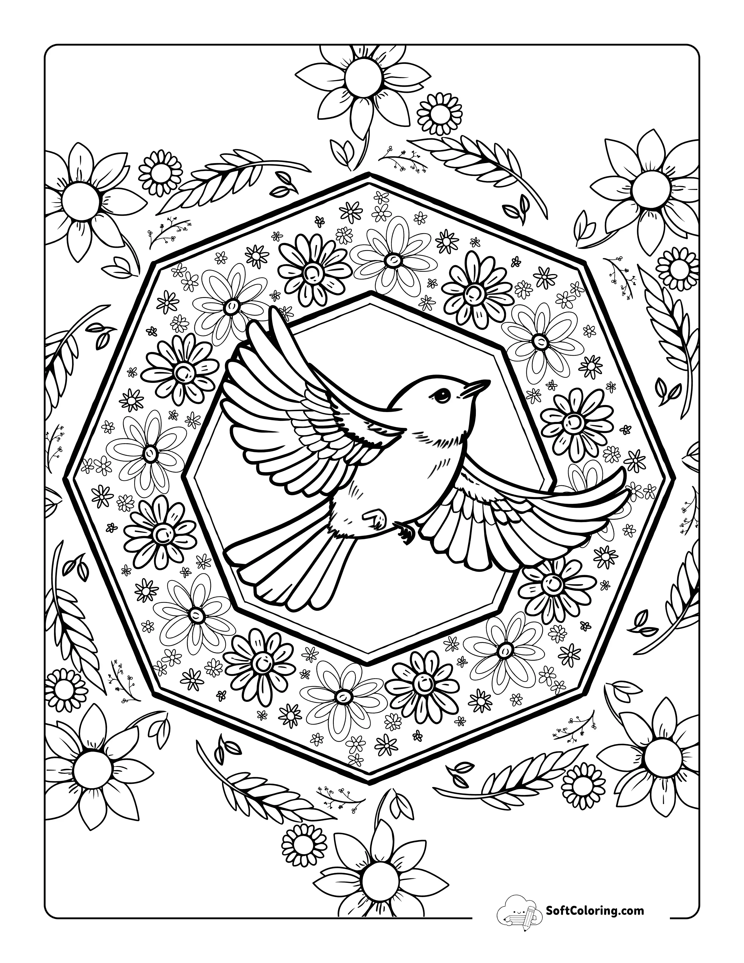 Spring Bird Mandala Coloring Sheet