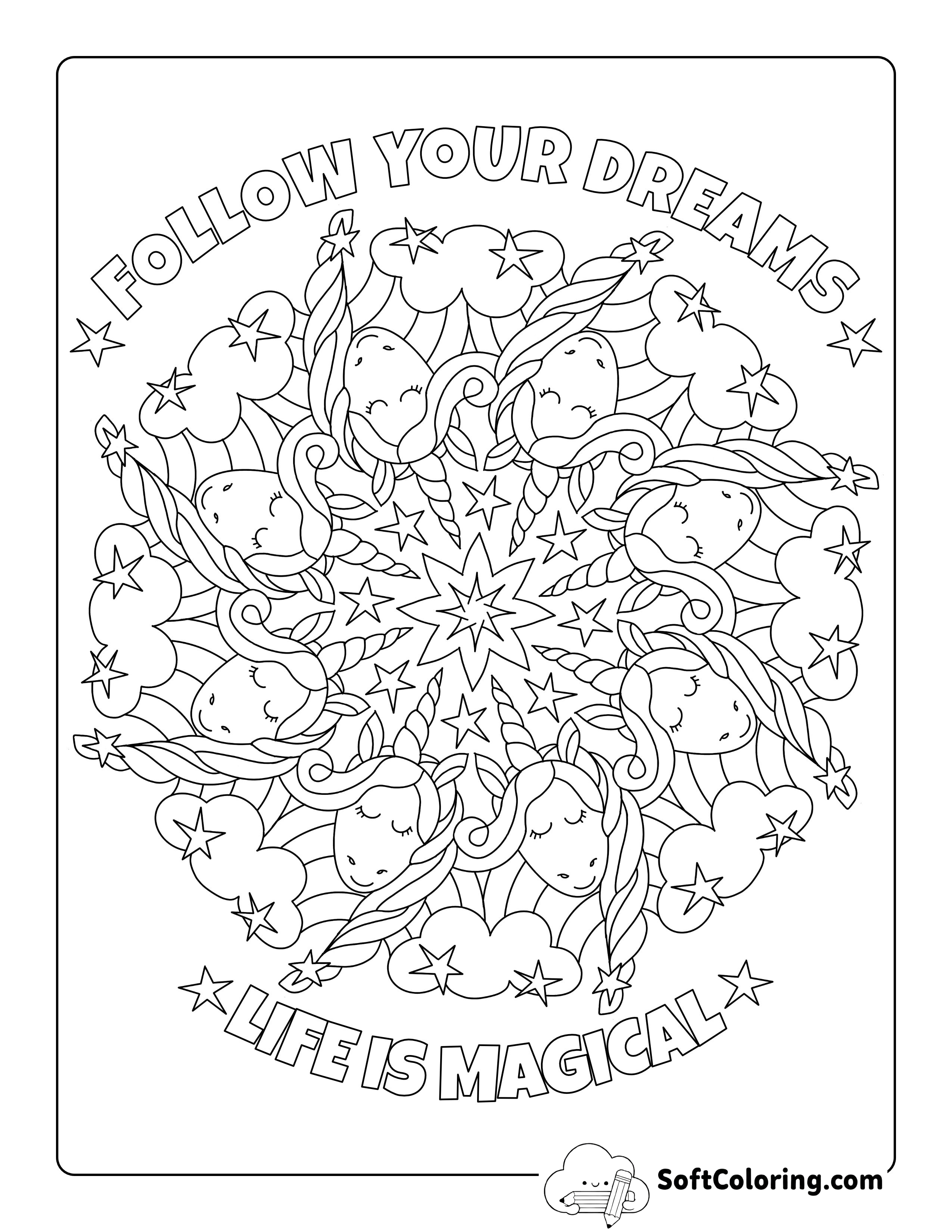 Unicorns & Rainbows Mandala Coloring Sheet