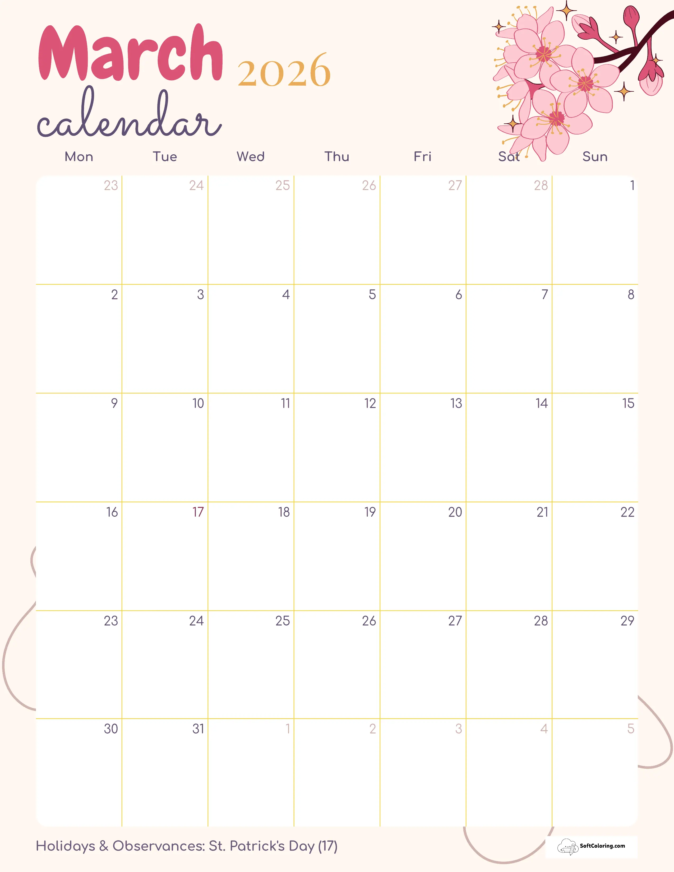 Floral Portrait - March Mon Calendar