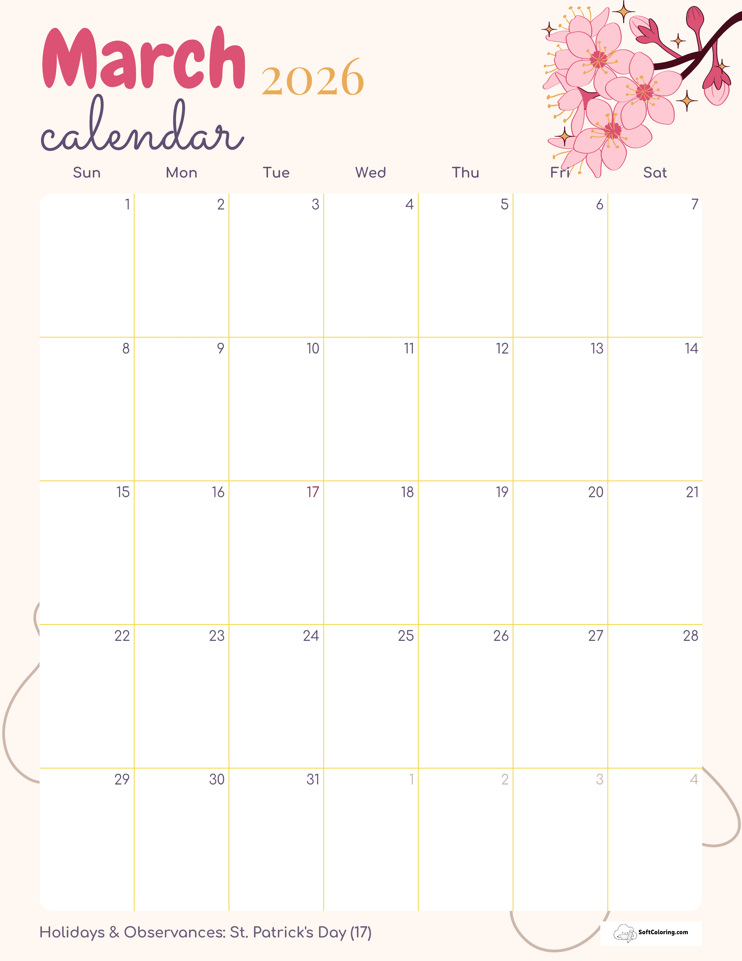 Feminine Floral March 2026 Portrait Calendar To Download
