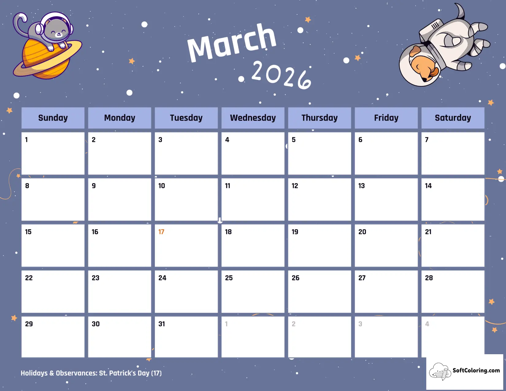 Cute Space Pets March 2026 Calendar Template