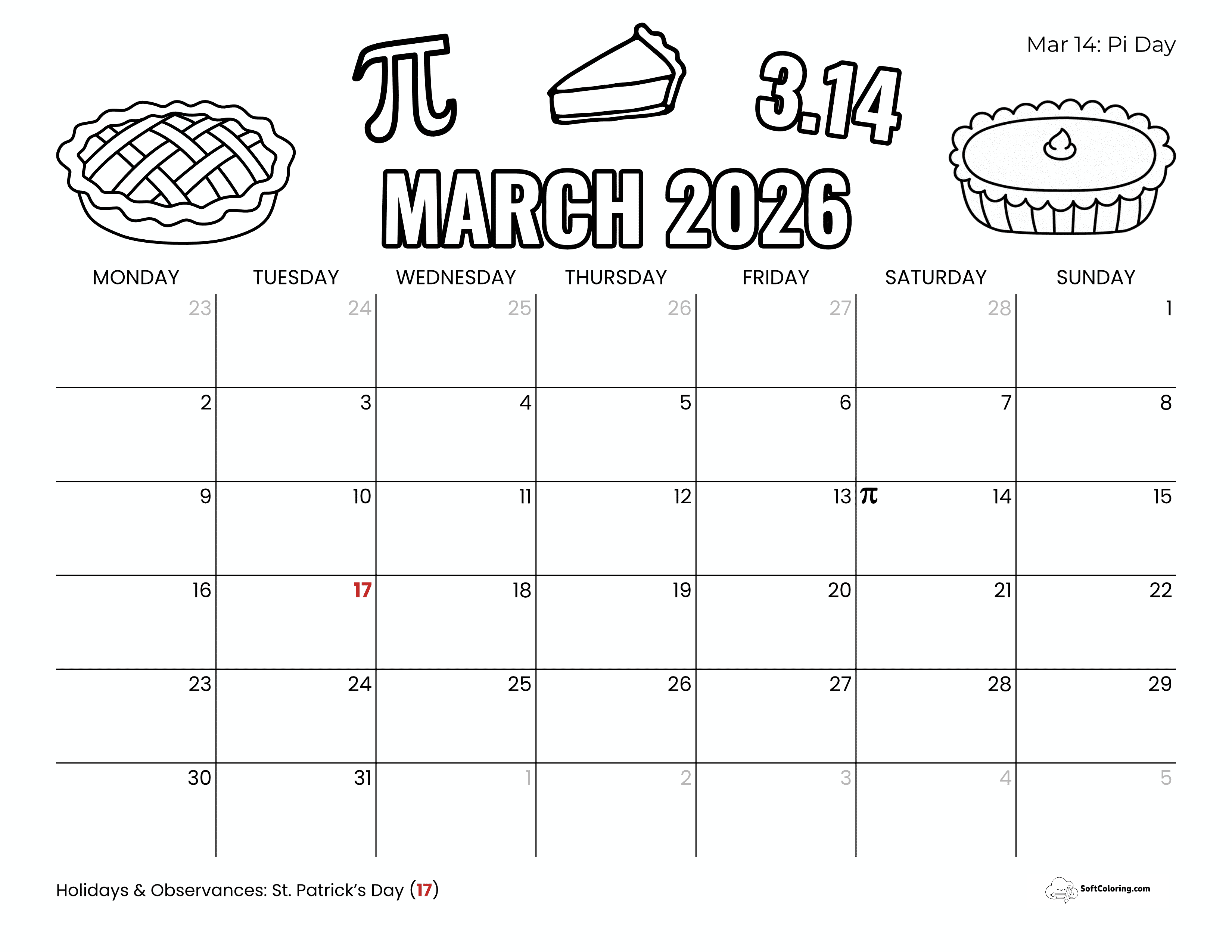 Pi Day - March 2026 Monday Calendar