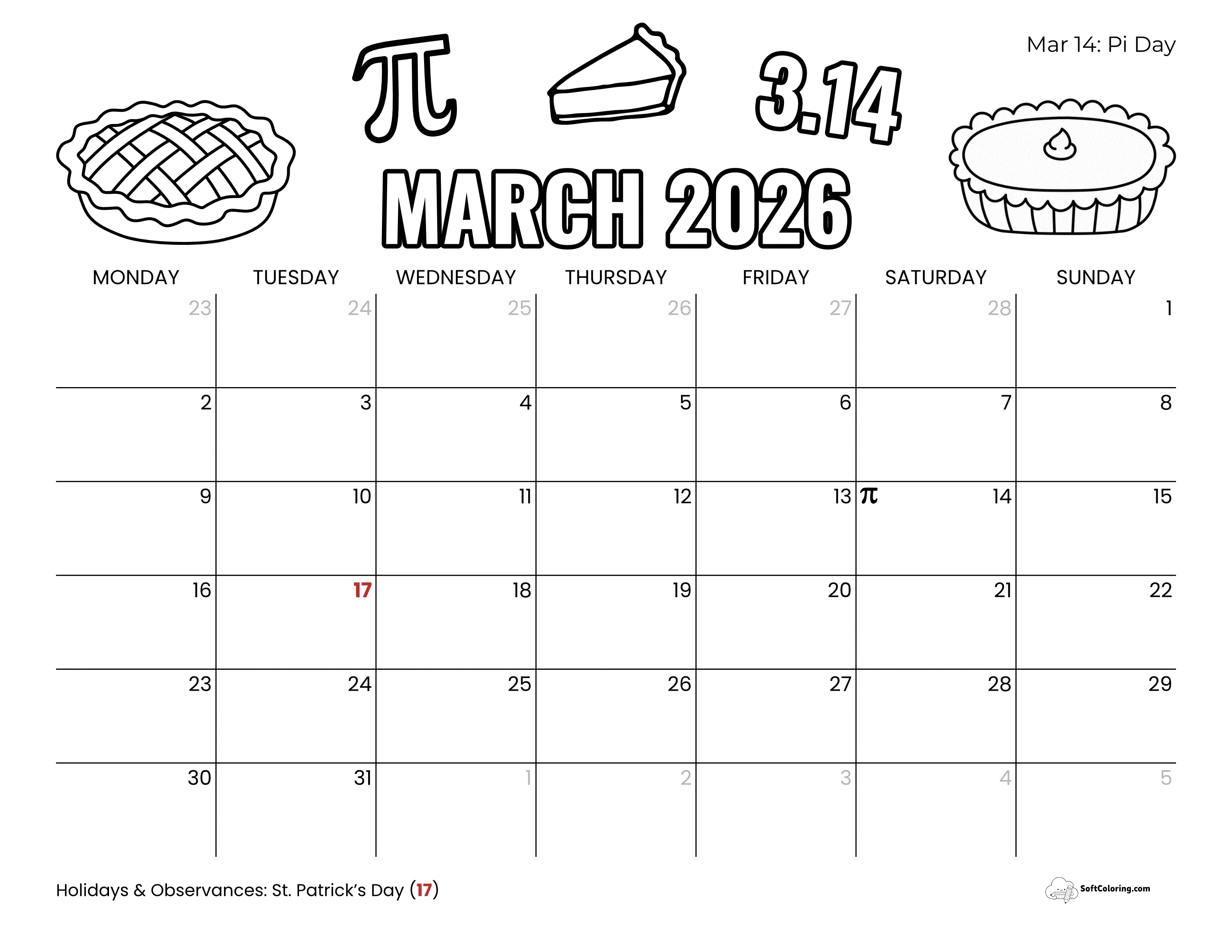 Pi Day - March 2026 Monday Calendar