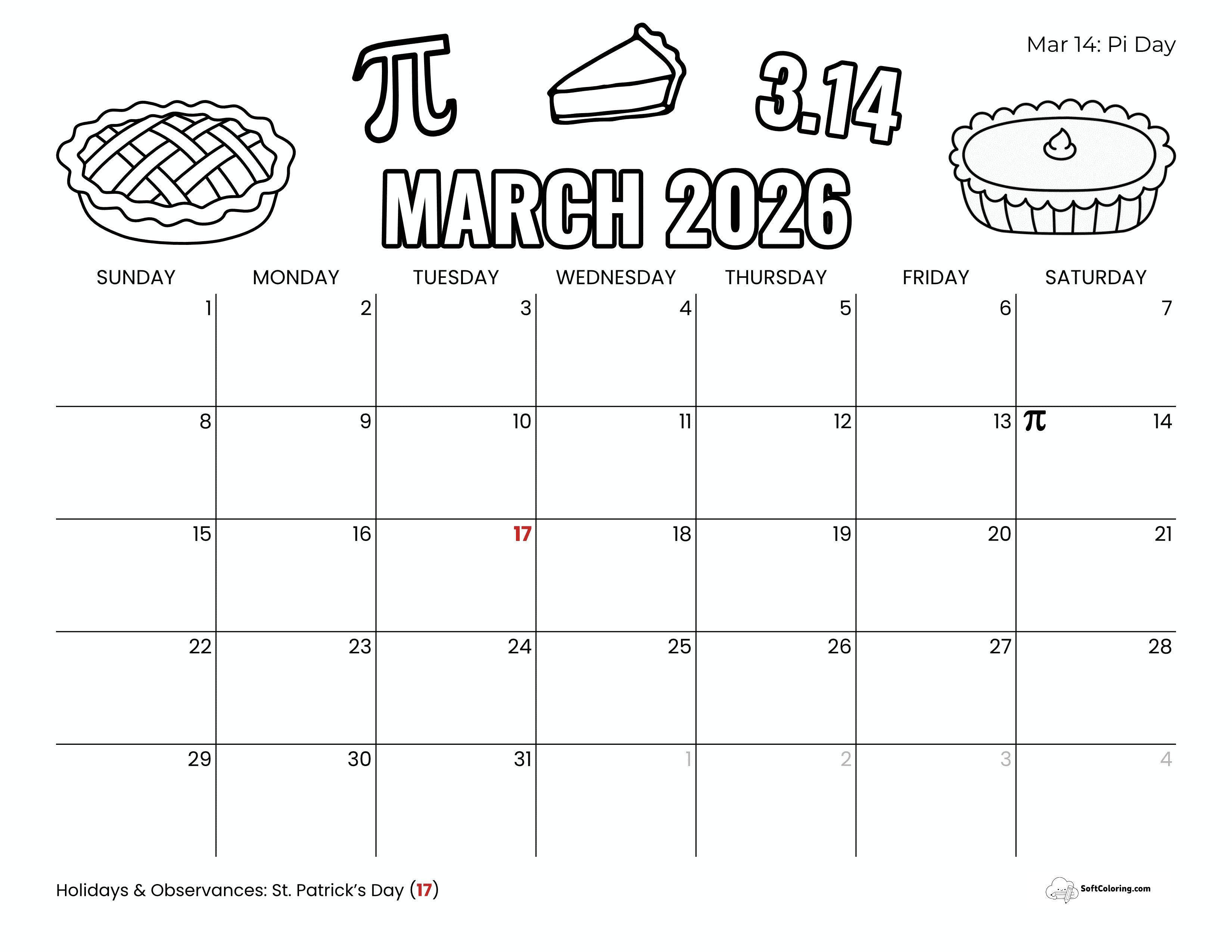 Pi Day March 2026 Coloring Calendar Printable