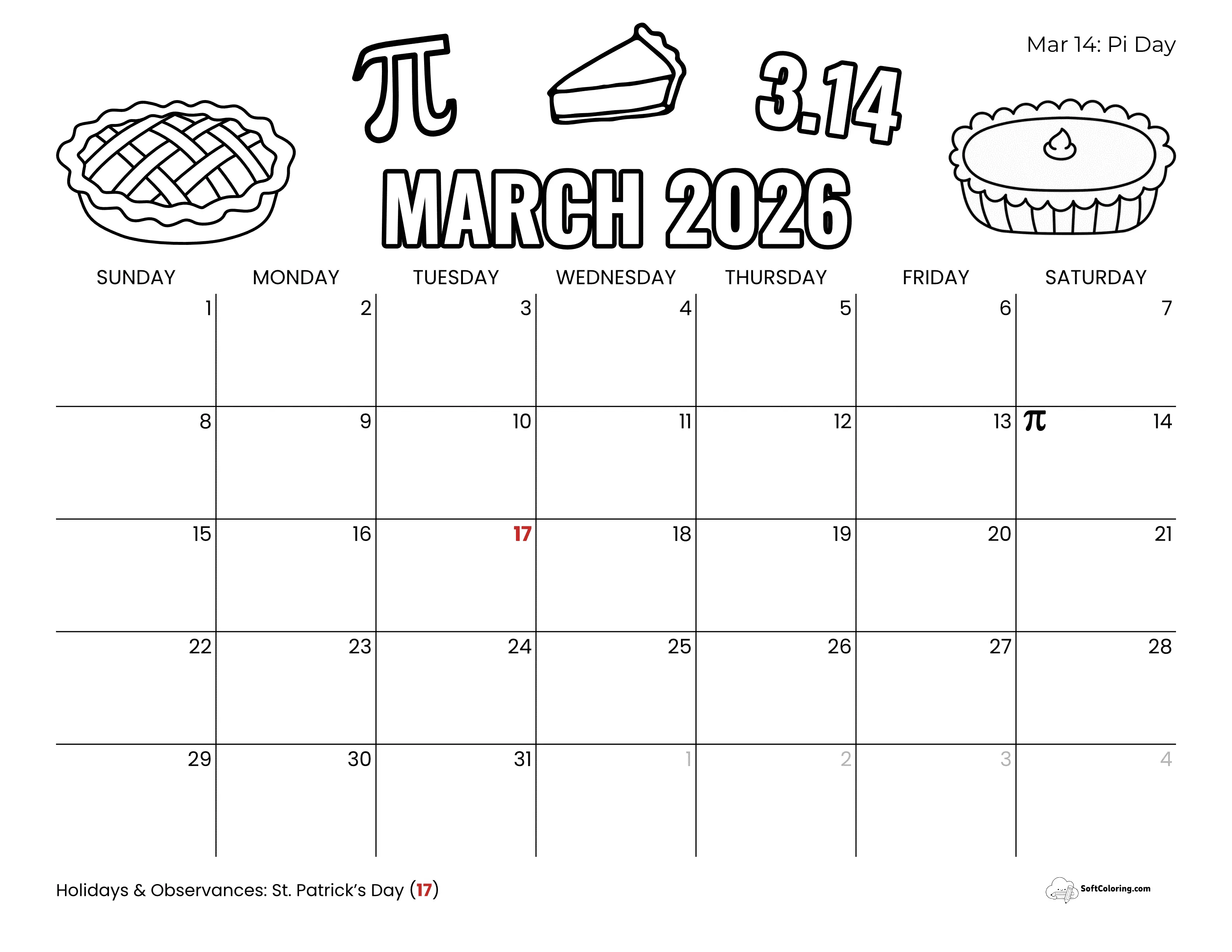 Pi Day March 2026 Coloring Calendar Printable