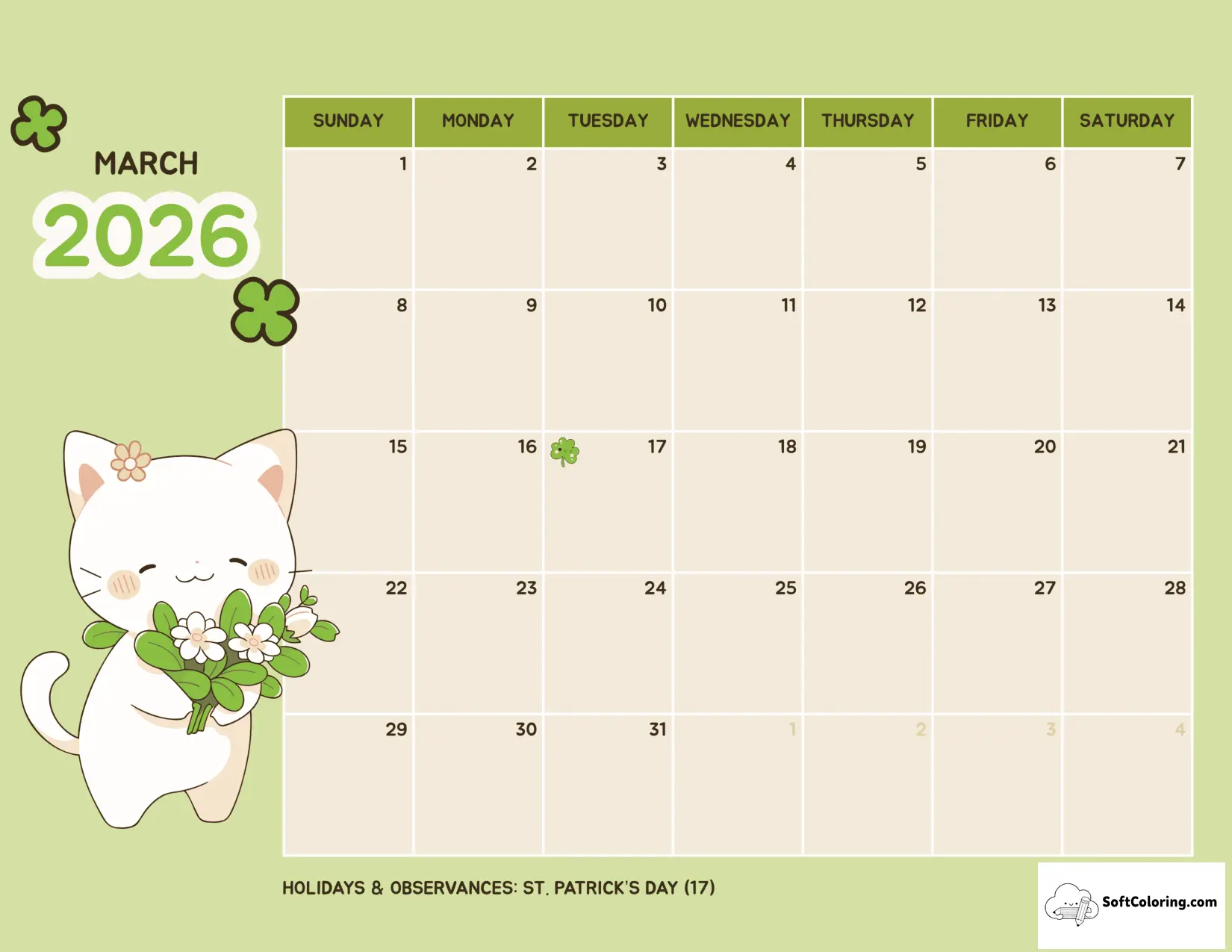 Cute Cat With Spring Clovers March 2026 Printable Calendar