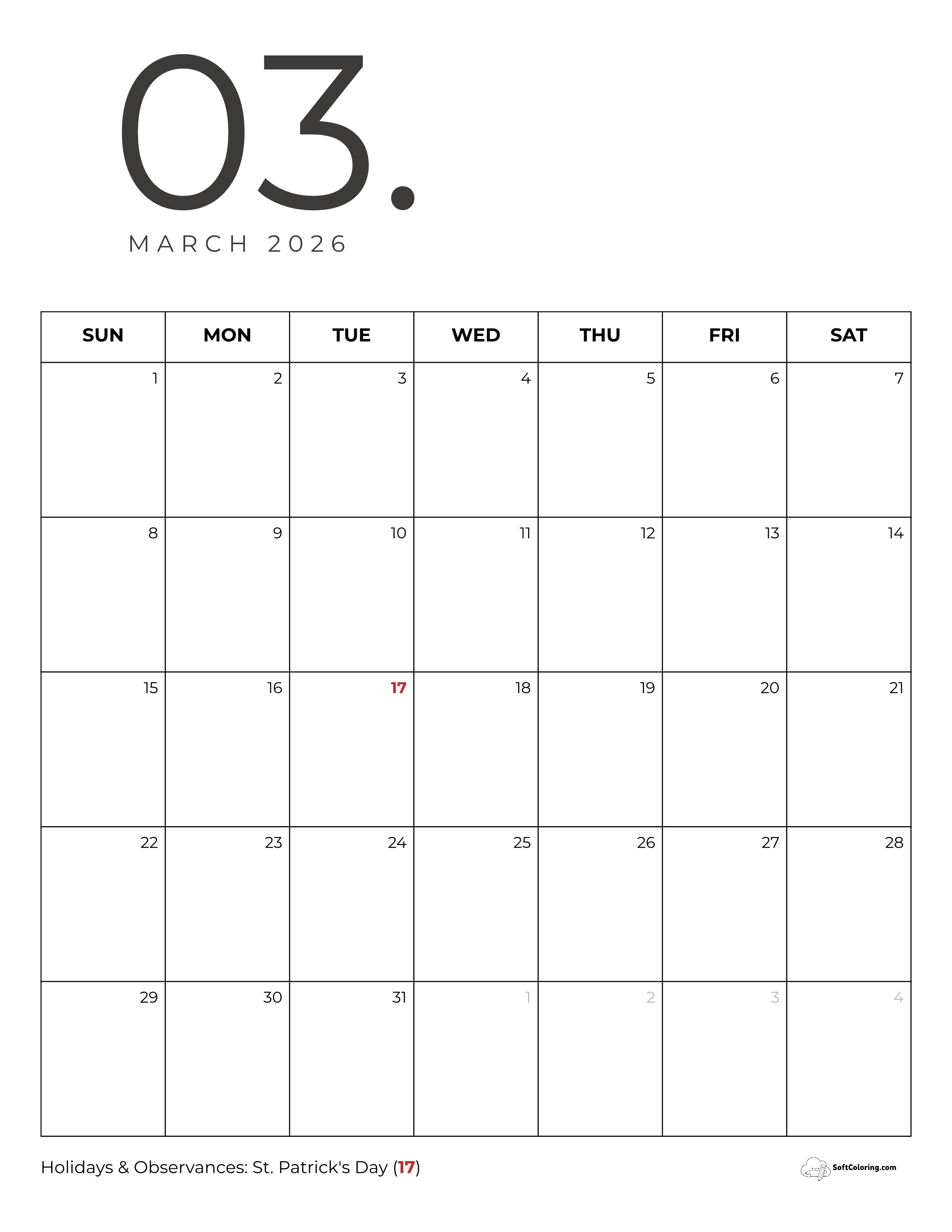 Elegant Minimalist Portrait March 2026 Calendar