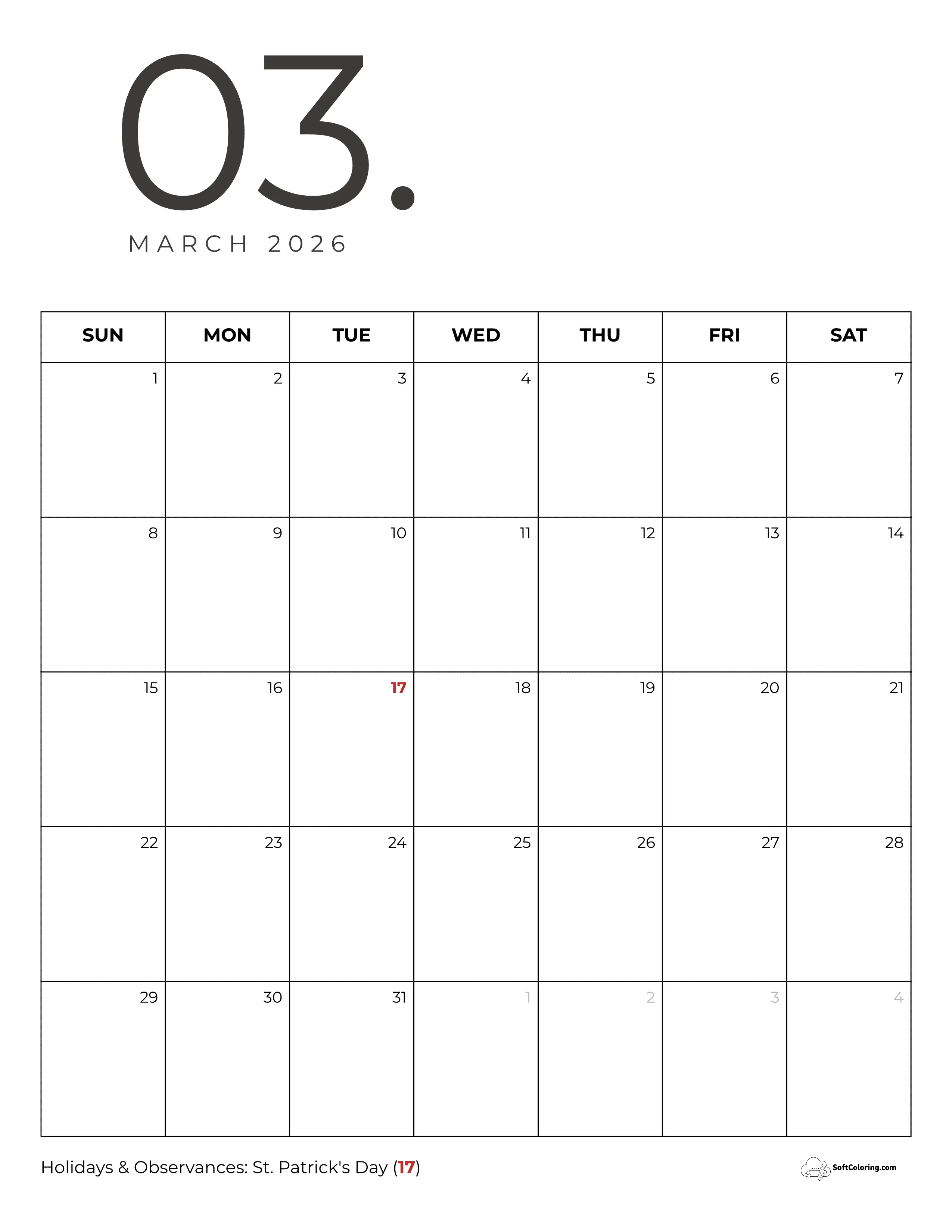 Elegant Minimalist Portrait March 2026 Calendar