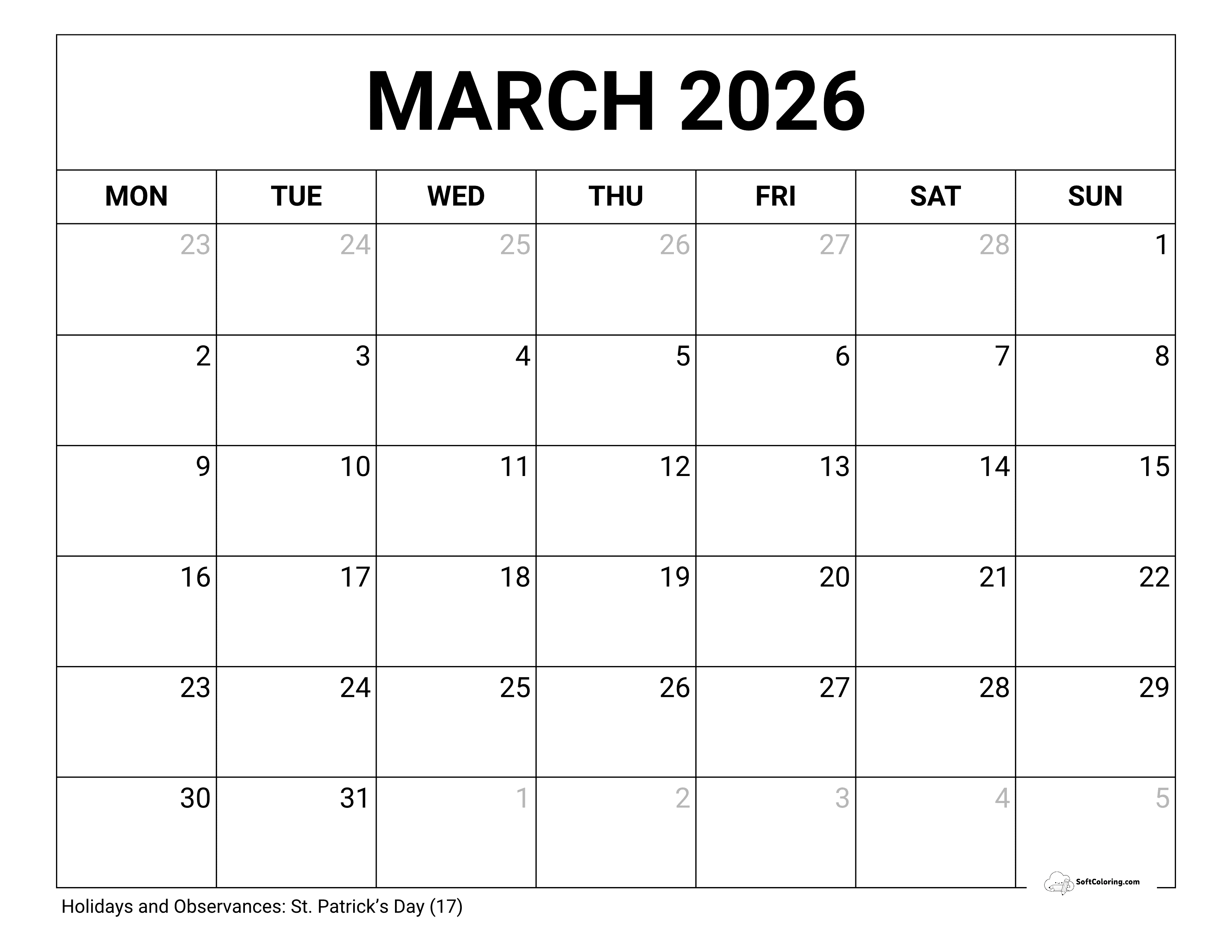 Blank - March 2026 Monday Calendar