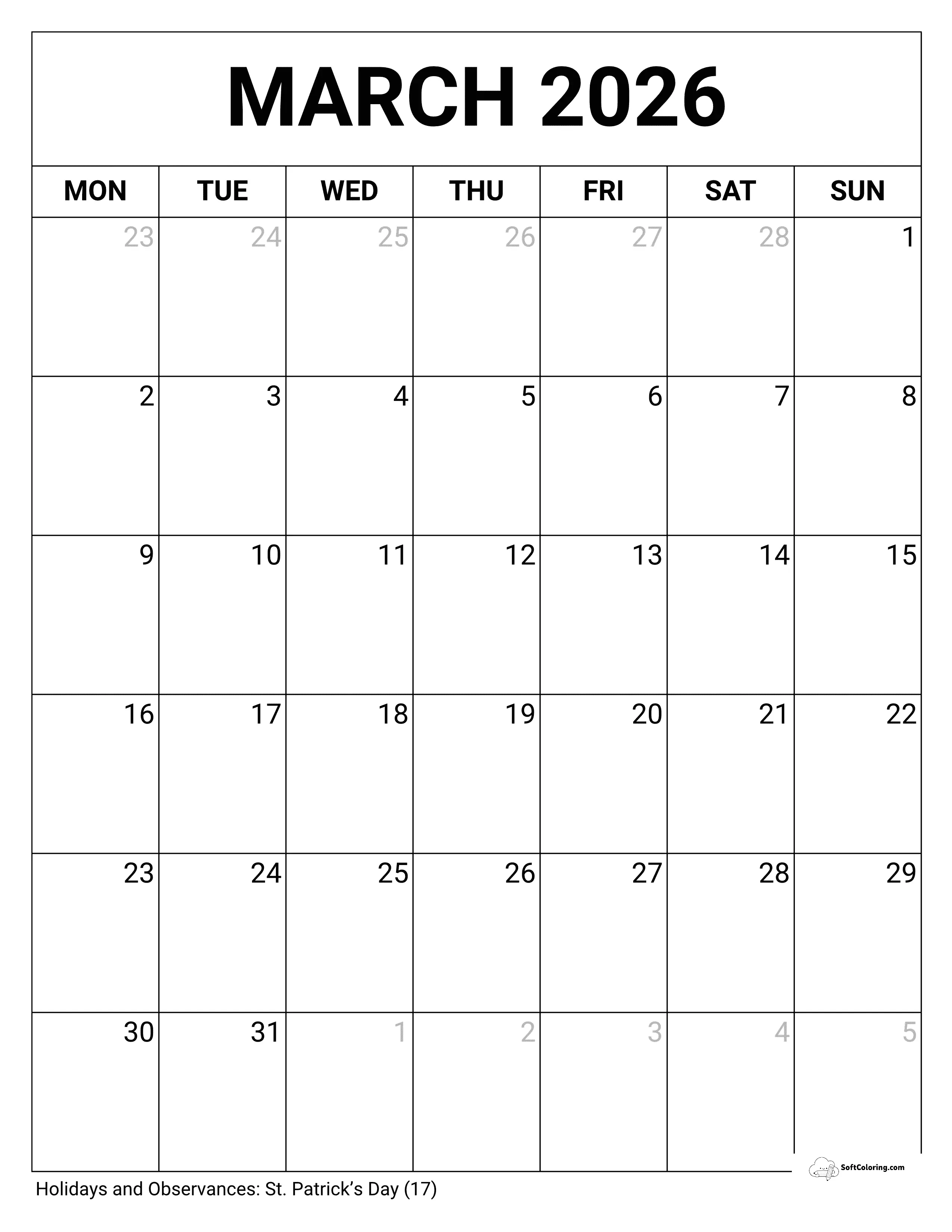 Portrait Blank - March 2026 Mon Calendar