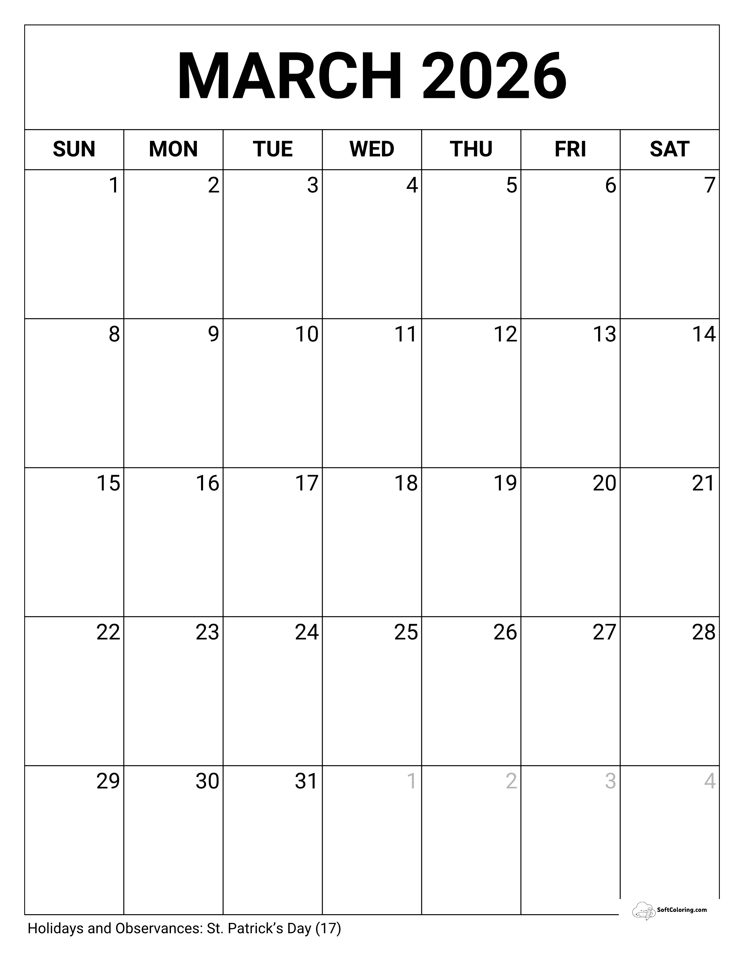 Blank Portrait March Calendar Template 2026