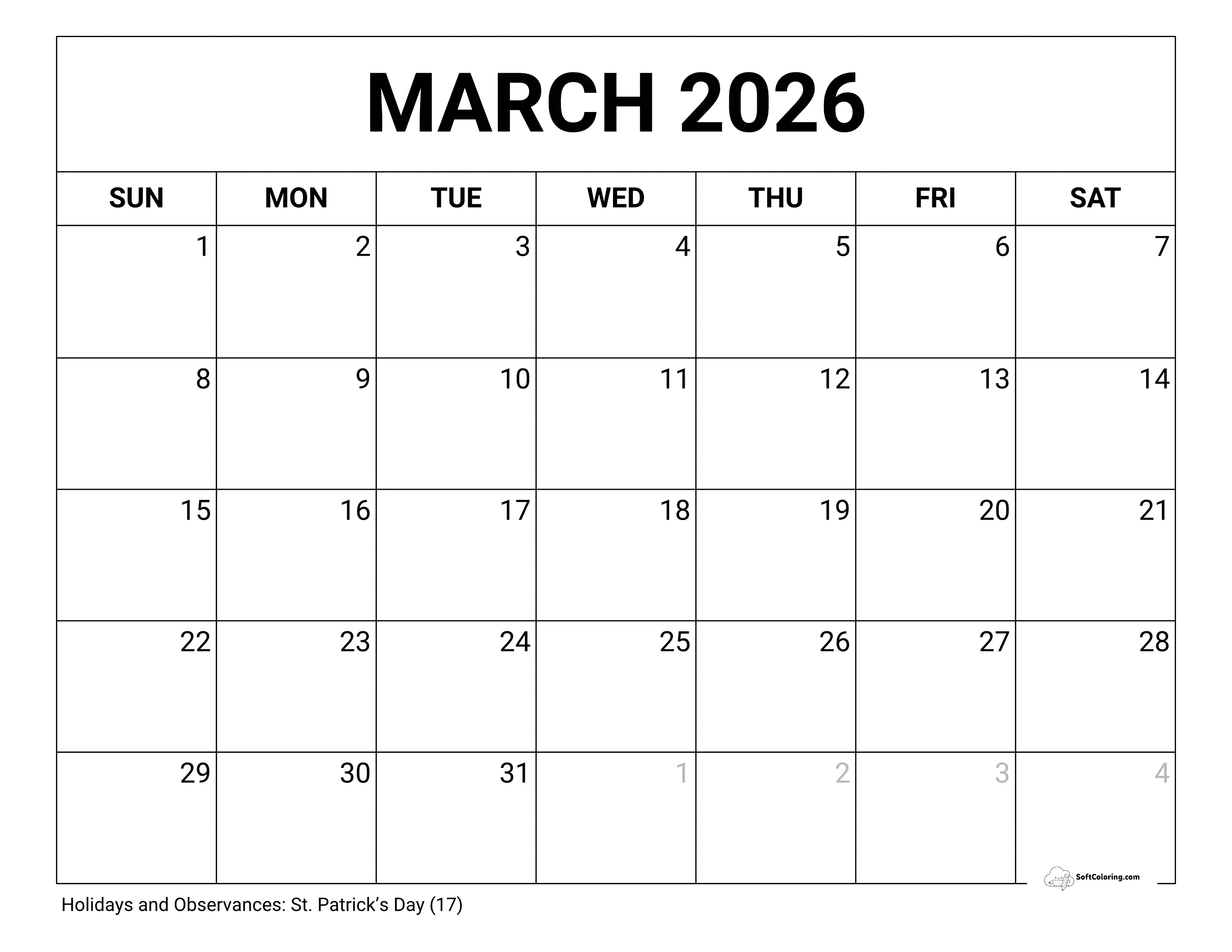 Blank March 2026 Calendar