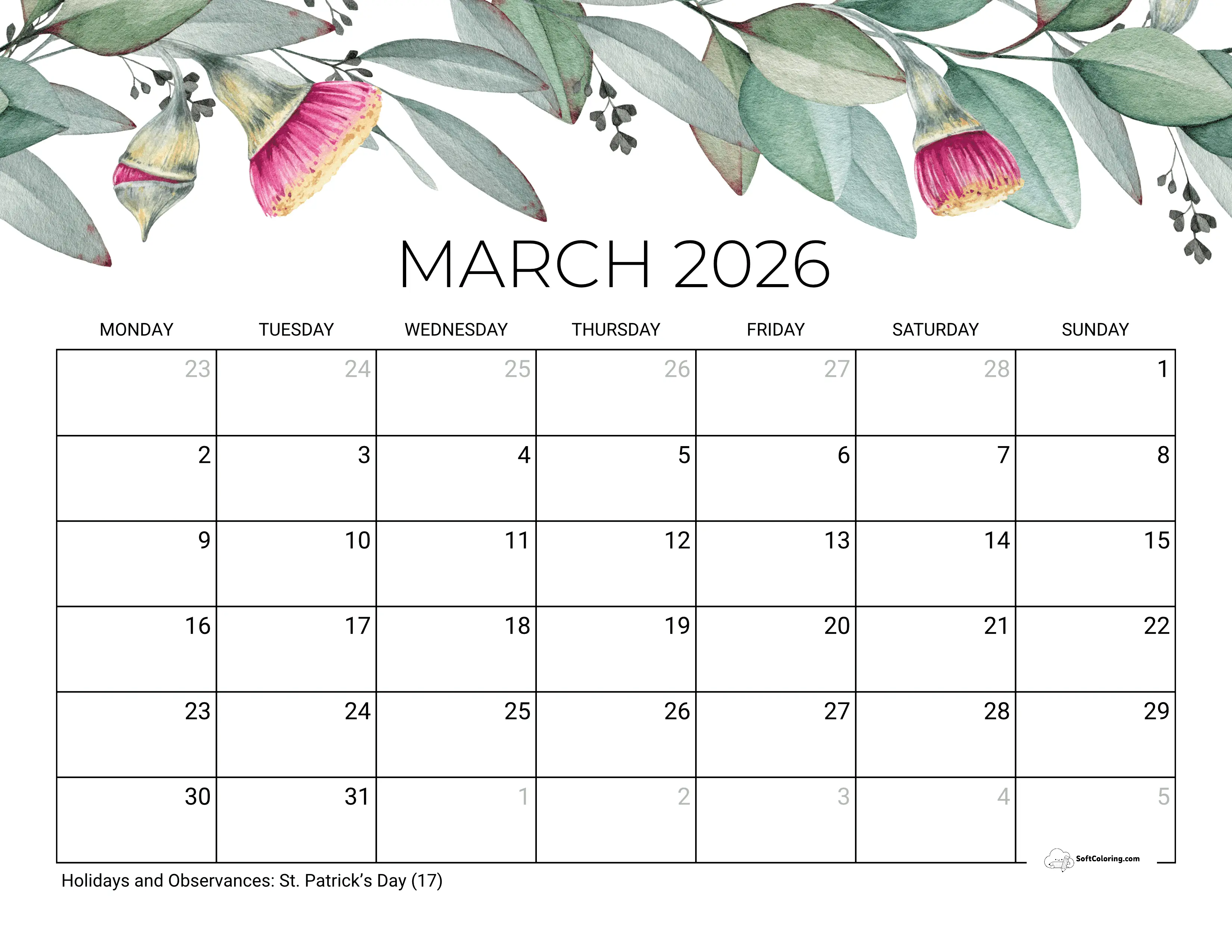 Eucalyptus - March 2026 Monday Calendar