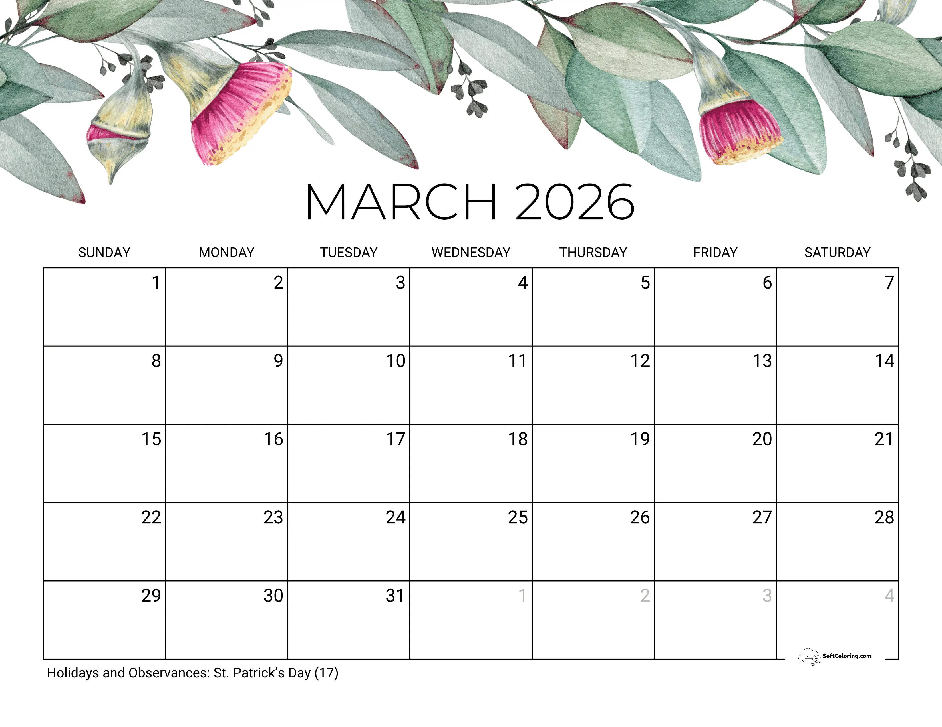 Soothing Eucalyptus March 2026 Calendar