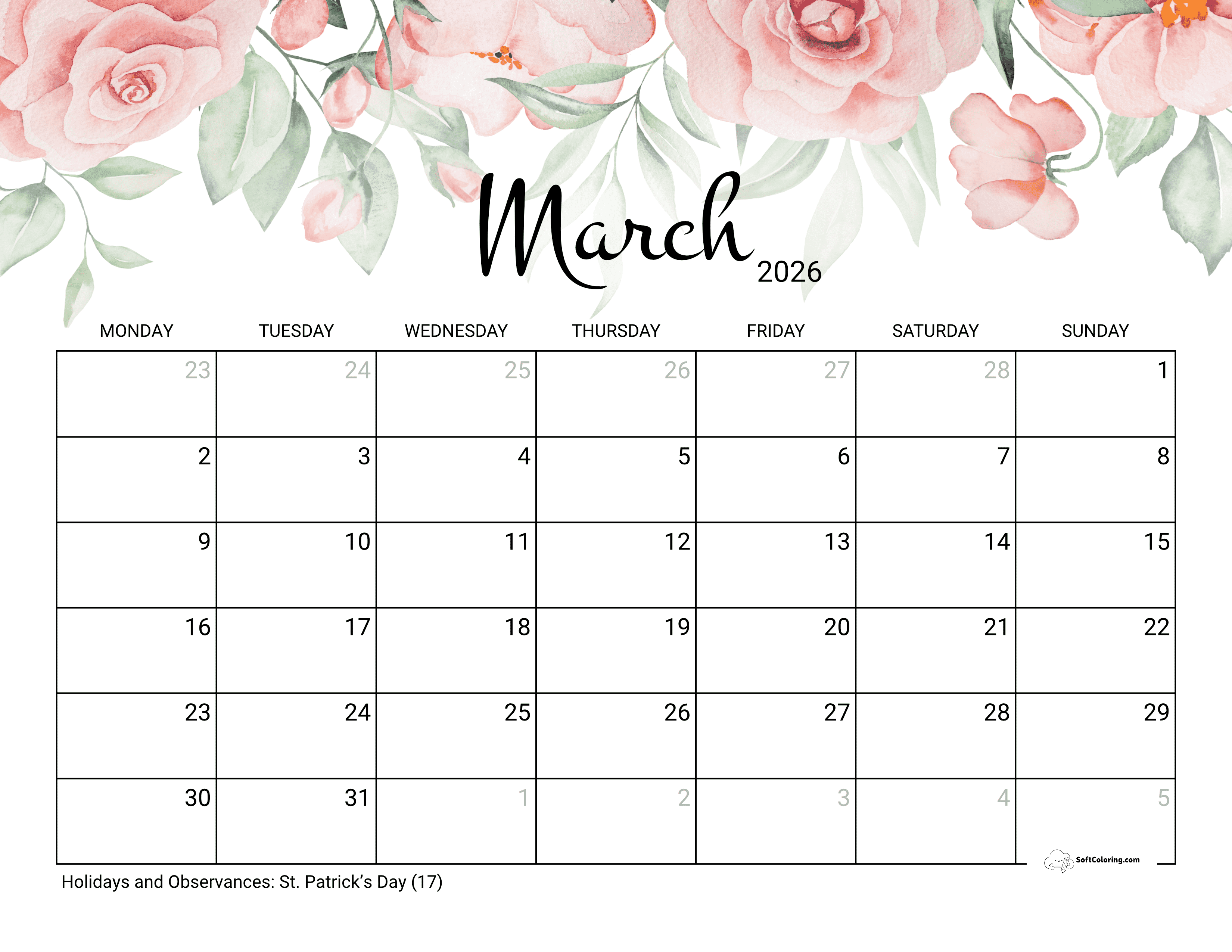 Roses - March 2026 Monday Calendar