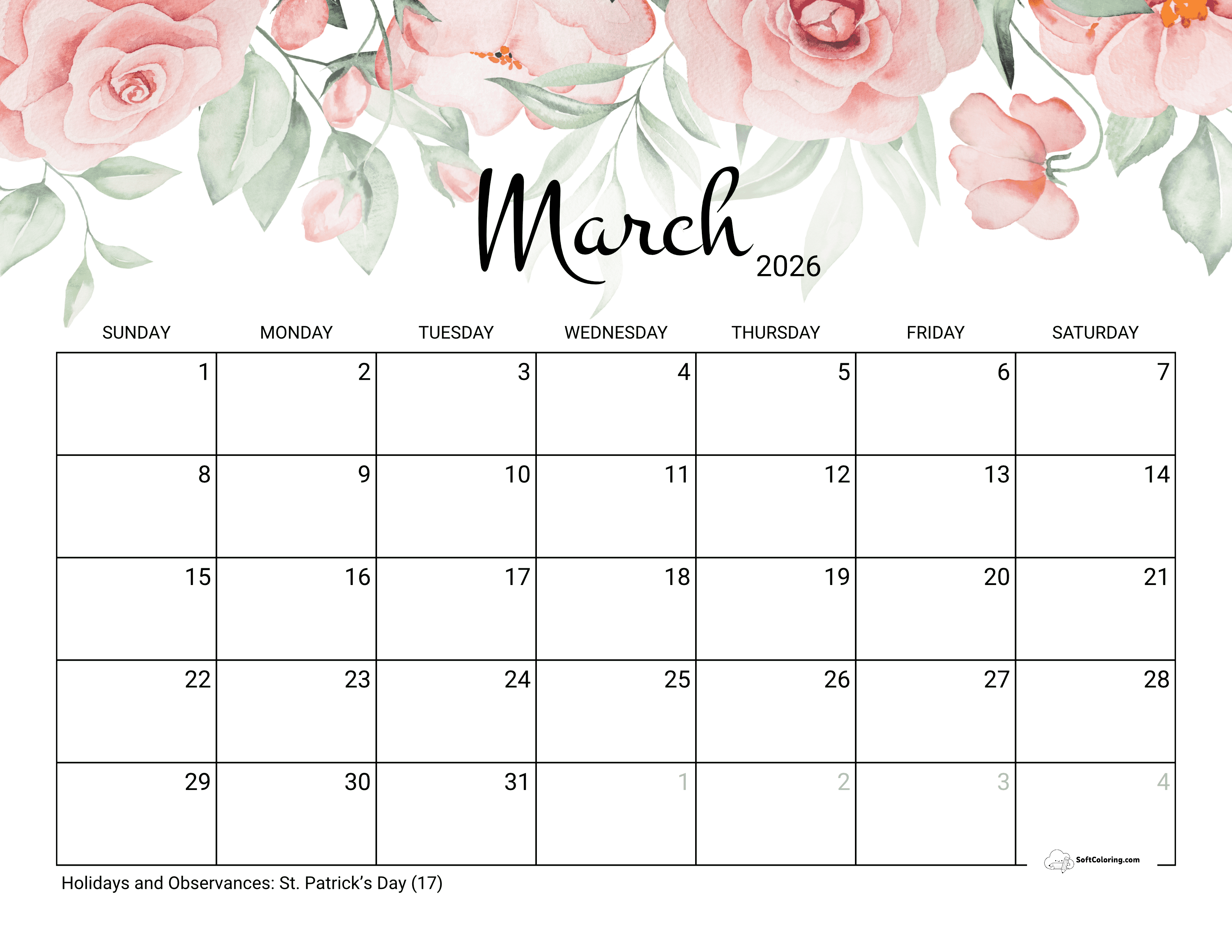 Pretty Watercolor Roses March 2026 Calendar