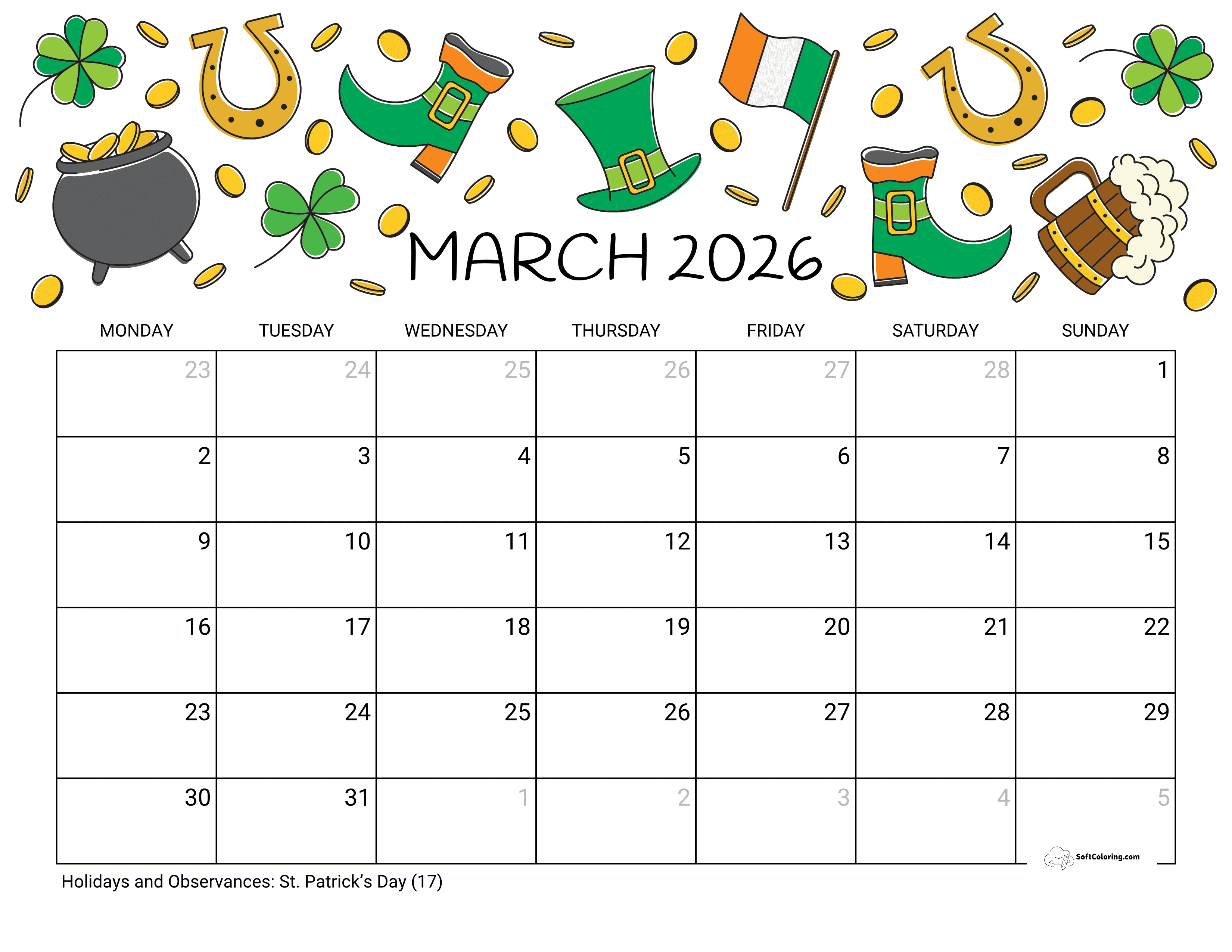 St. Patrick's - March 2026 Mon Calendar