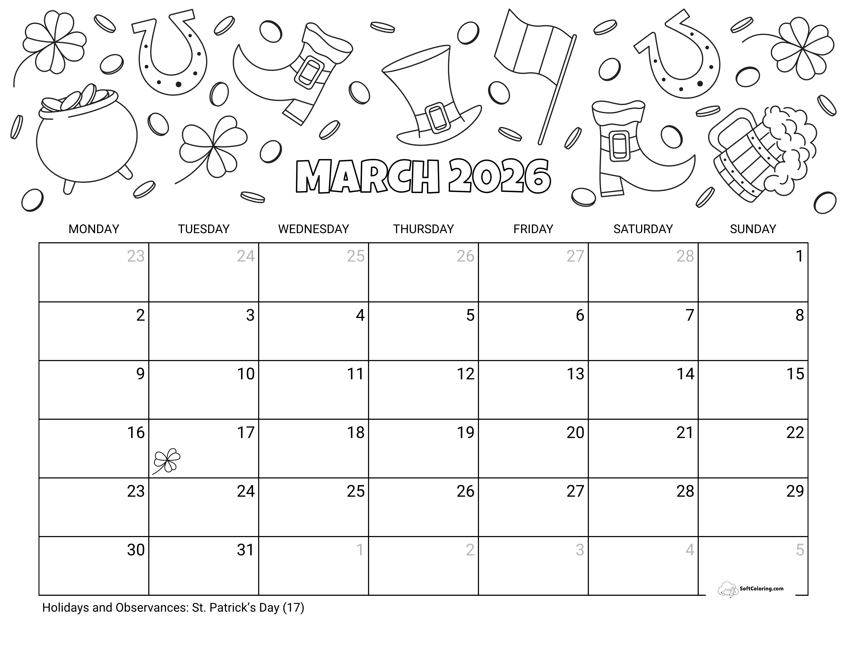 St. Patty's Coloring - March Mon Calendar