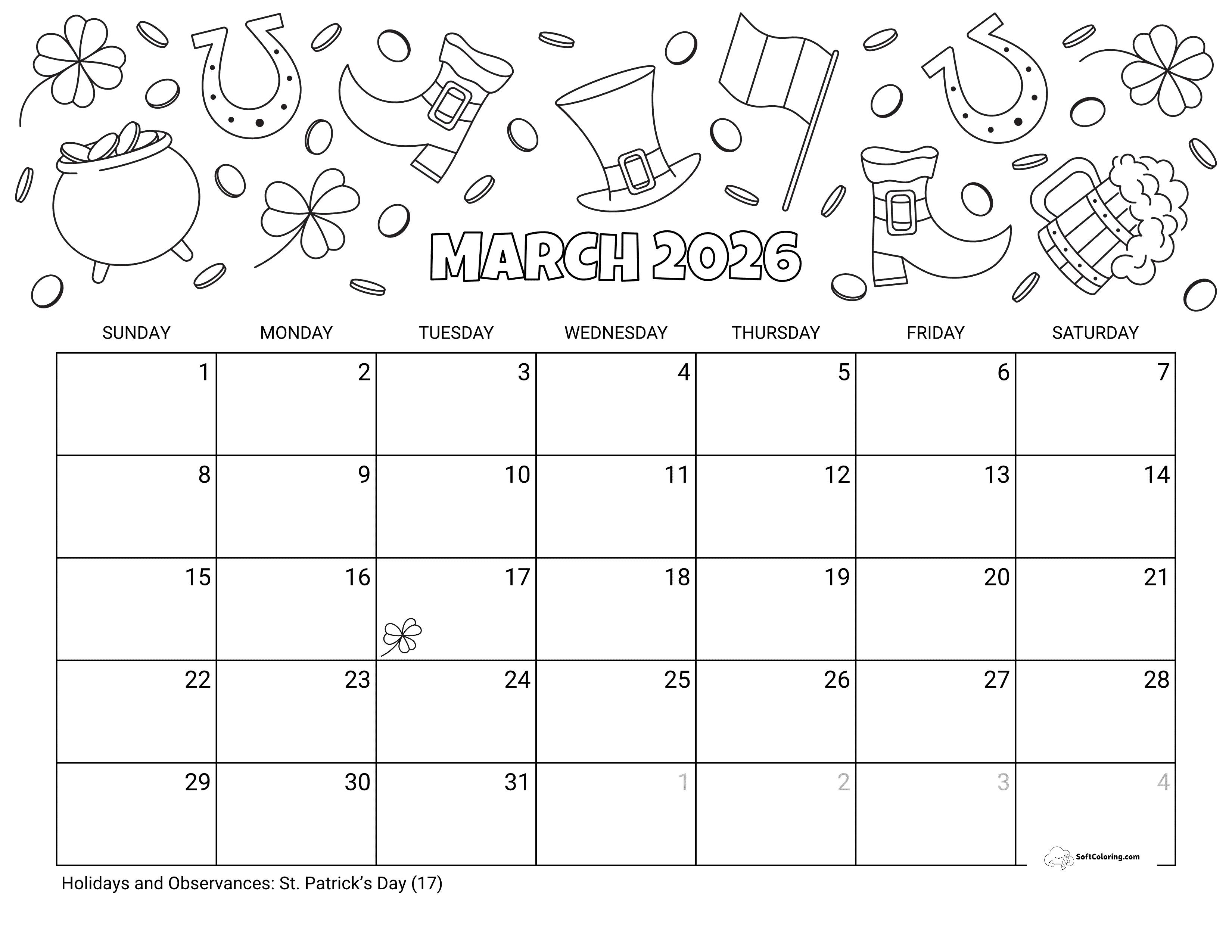 St. Patrick's Day Coloring Calendar Template March 2026