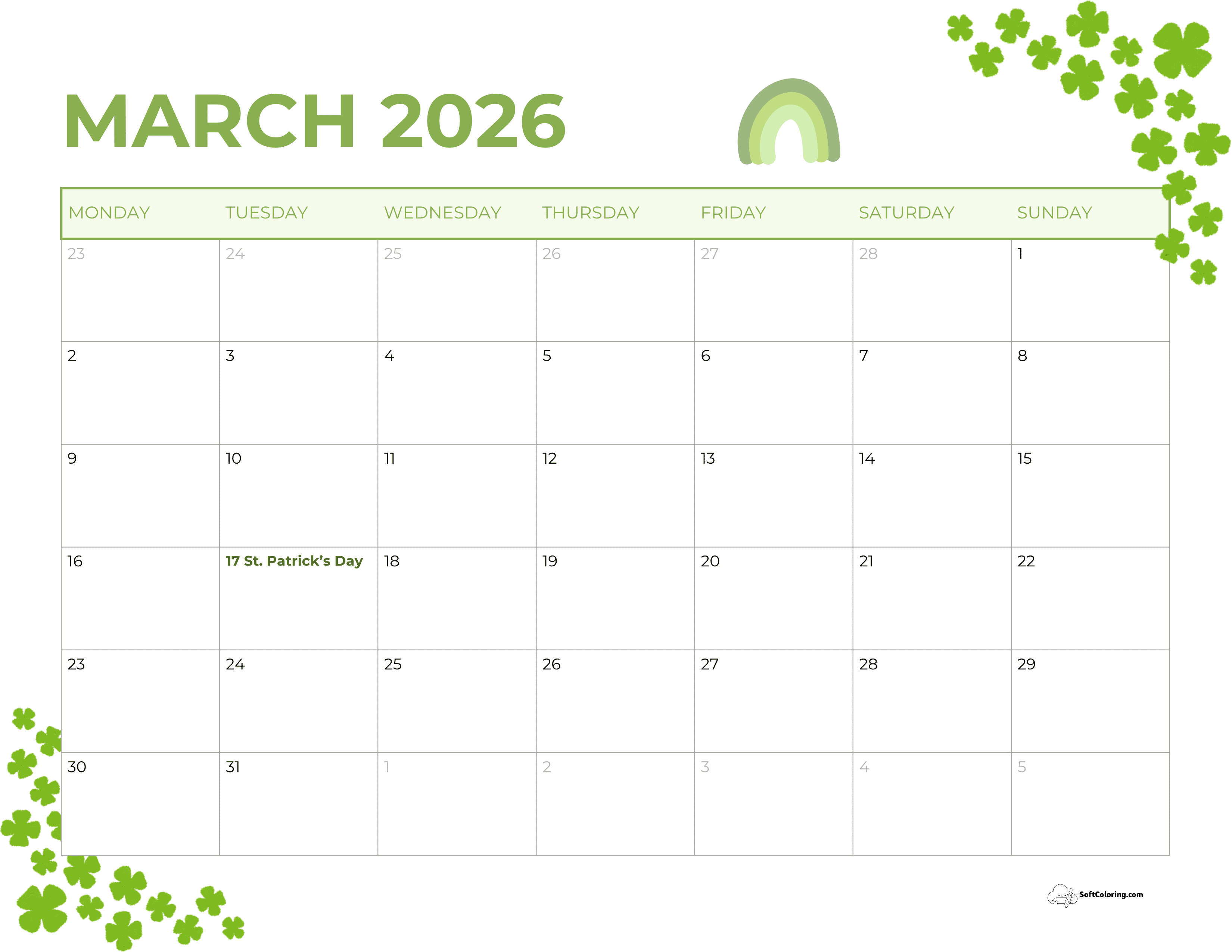 Clover - March 2026 Monday Calendar