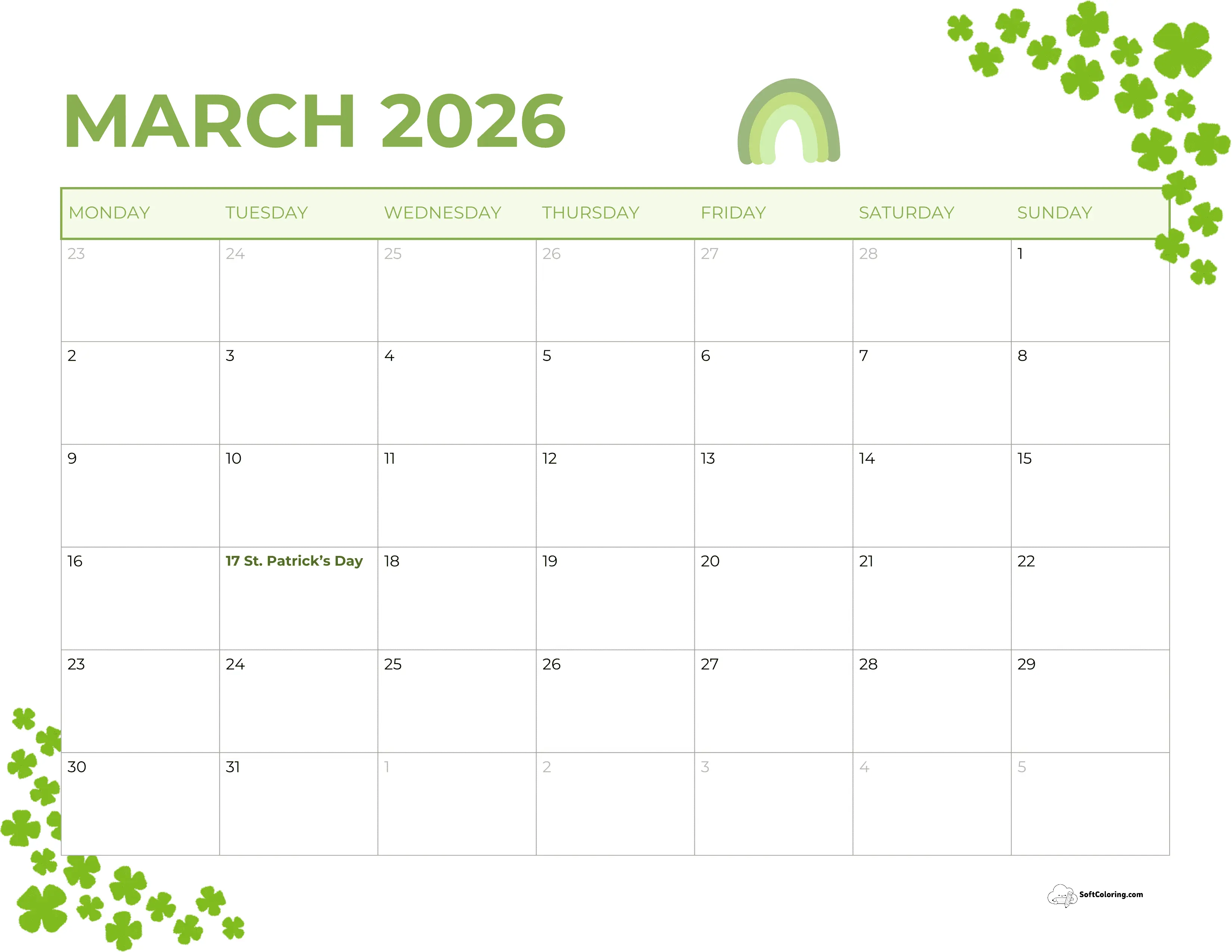 Clover - March 2026 Monday Calendar