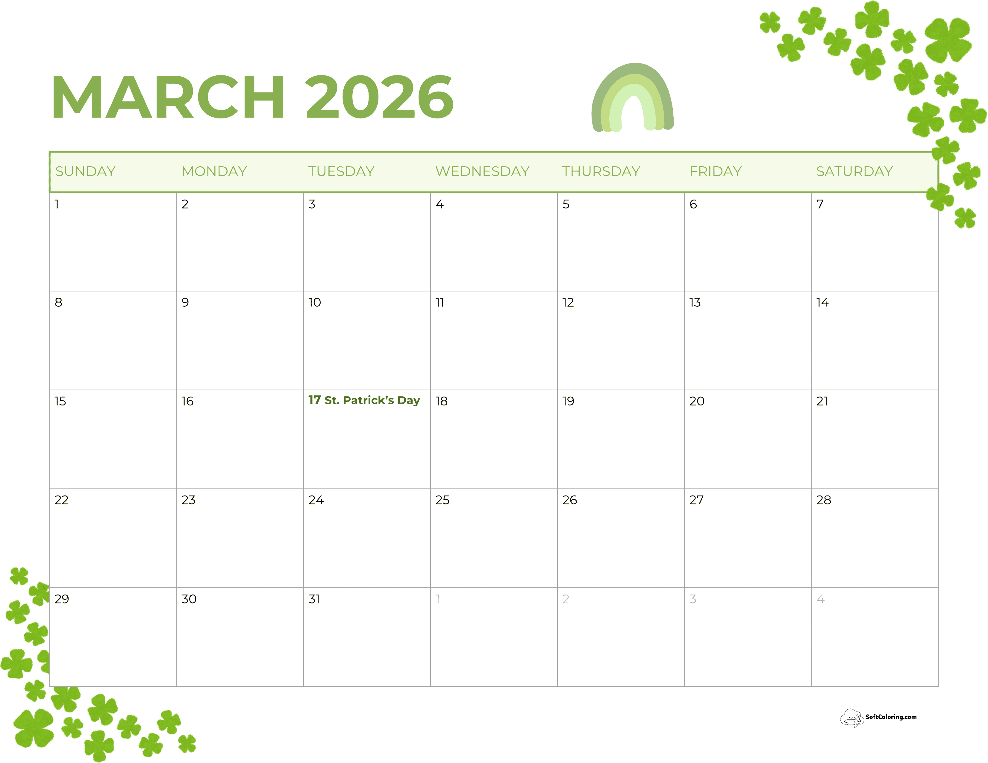 Simple Green Clover March 2026 Calendar To Print
