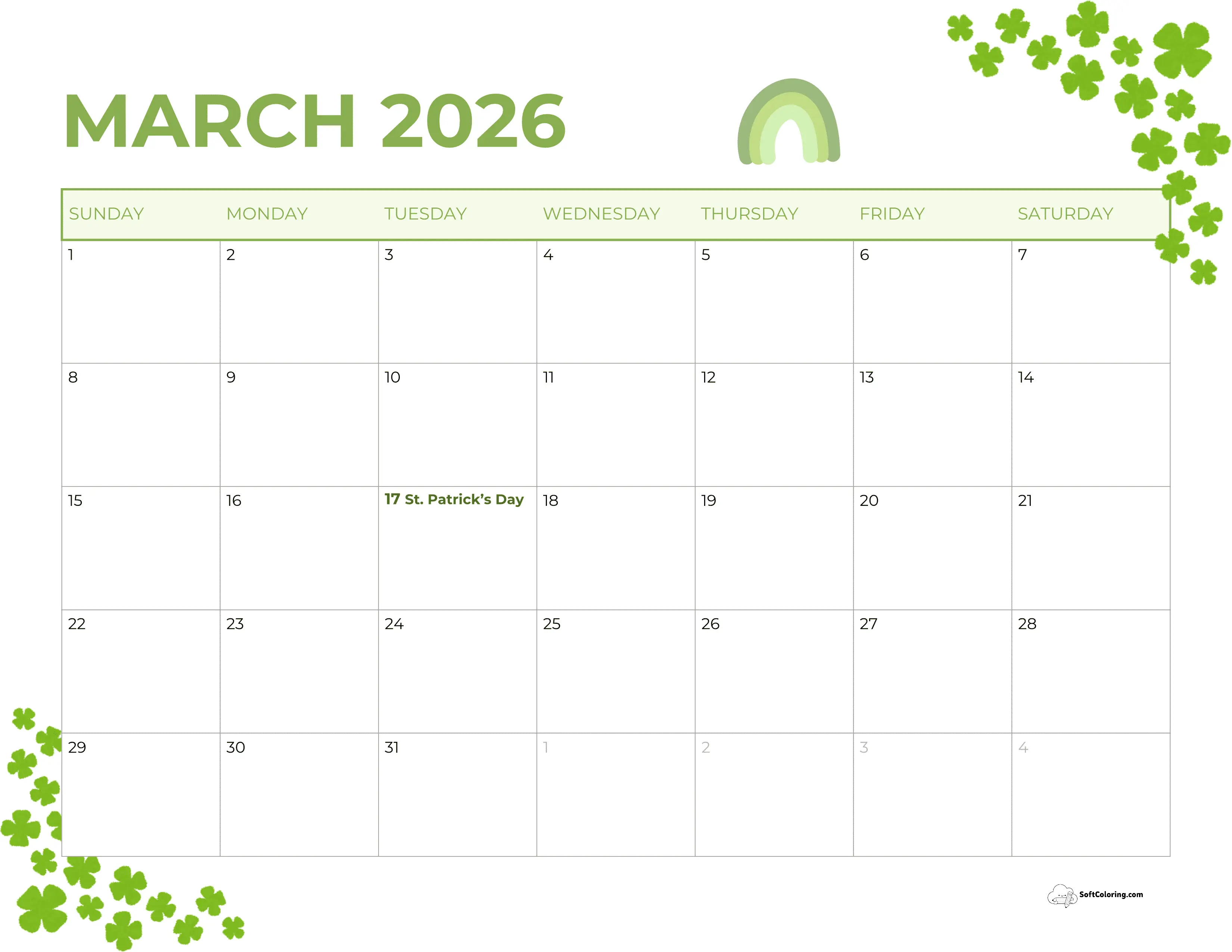 Simple Green Clover March 2026 Calendar To Print
