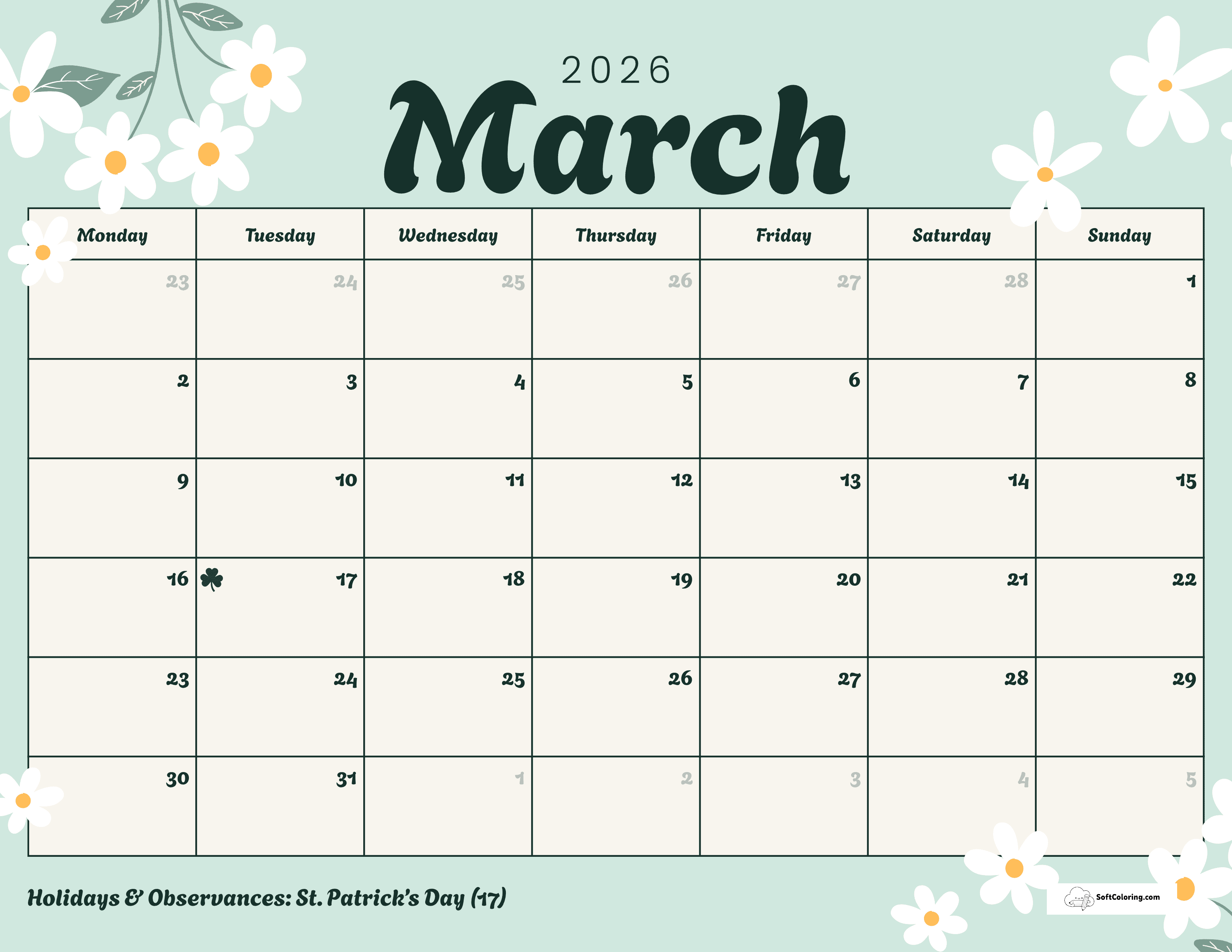 Daisies - March 2026 Monday Calendar