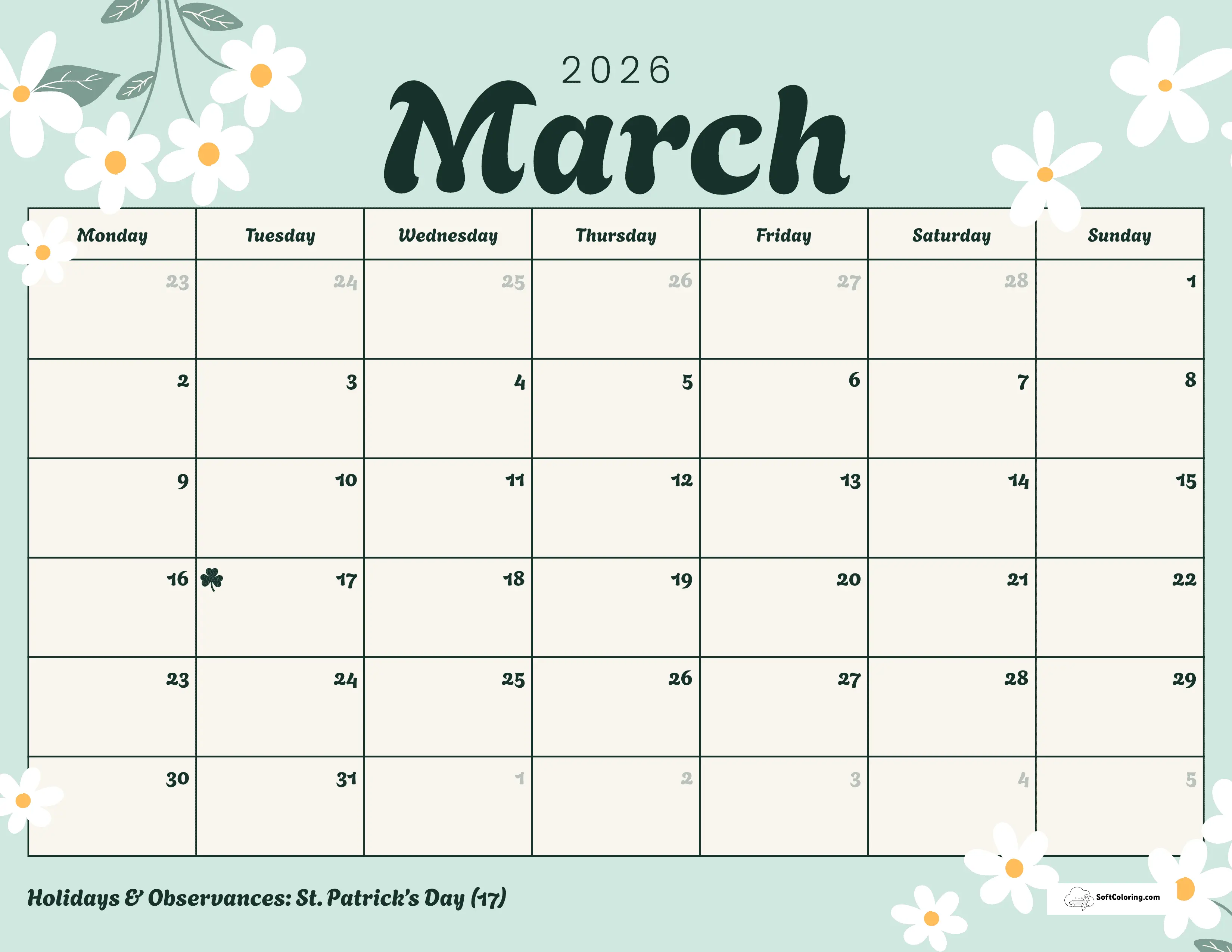 Daisies - March 2026 Monday Calendar