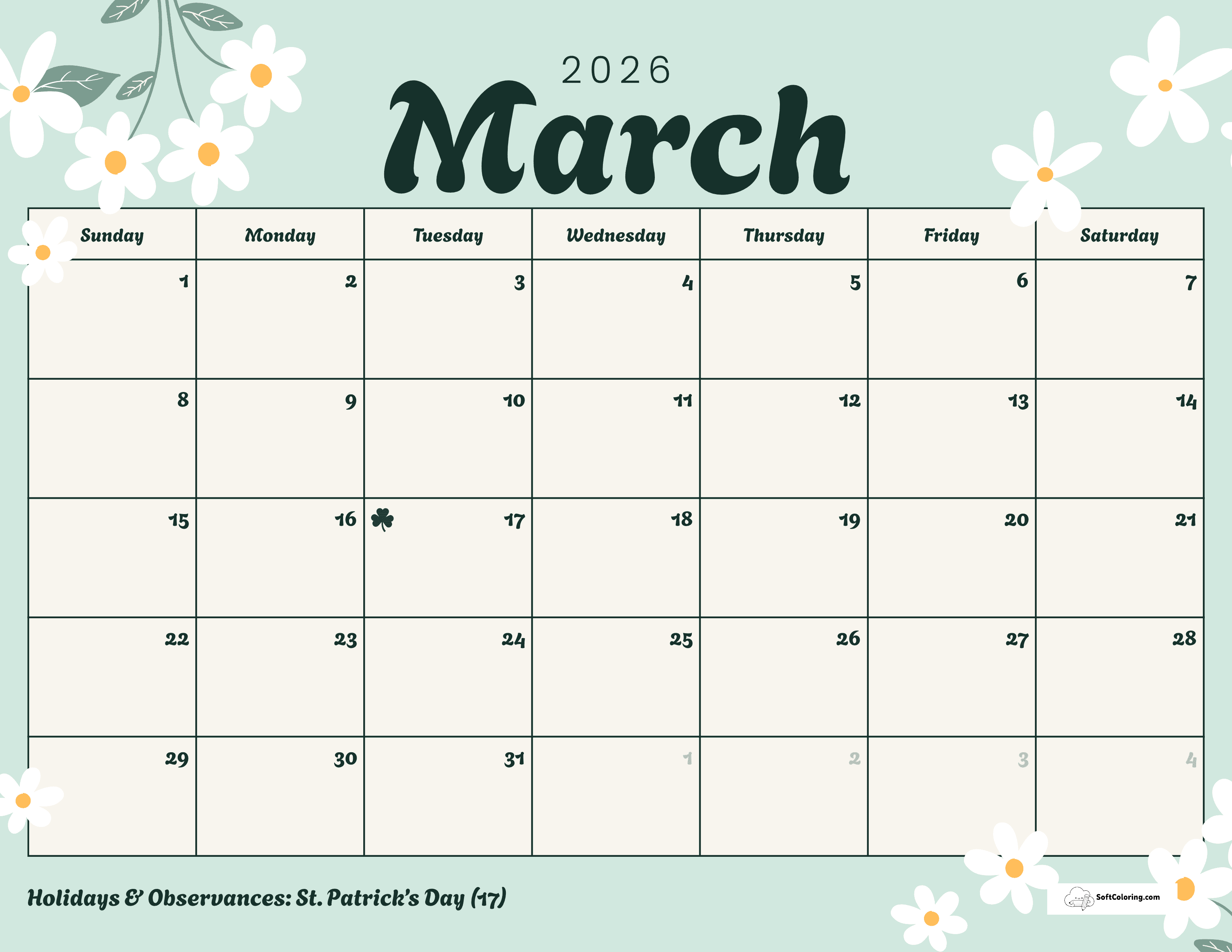 Pretty Mint Daisies 2026 March Calendar Template