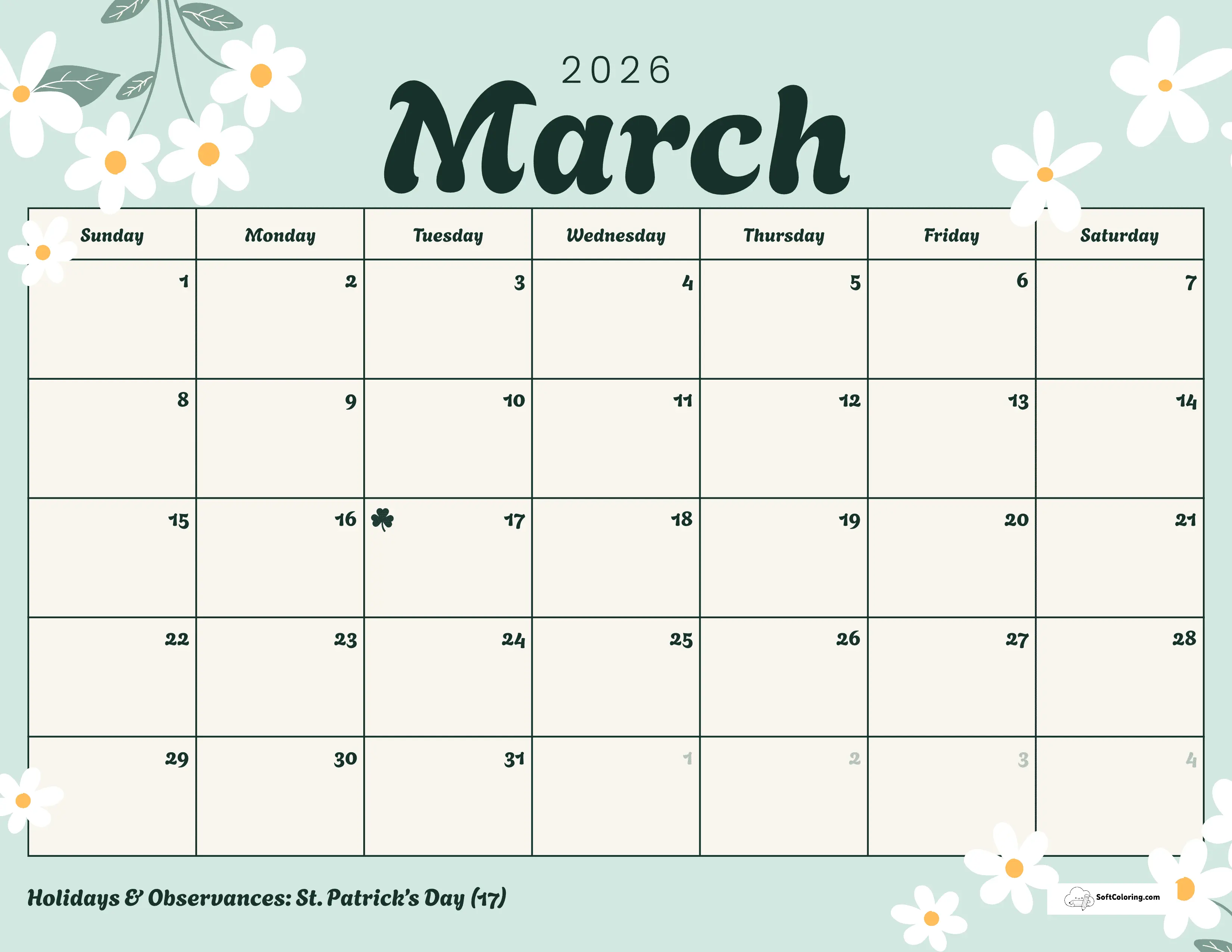 Pretty Mint Daisies 2026 March Calendar Template