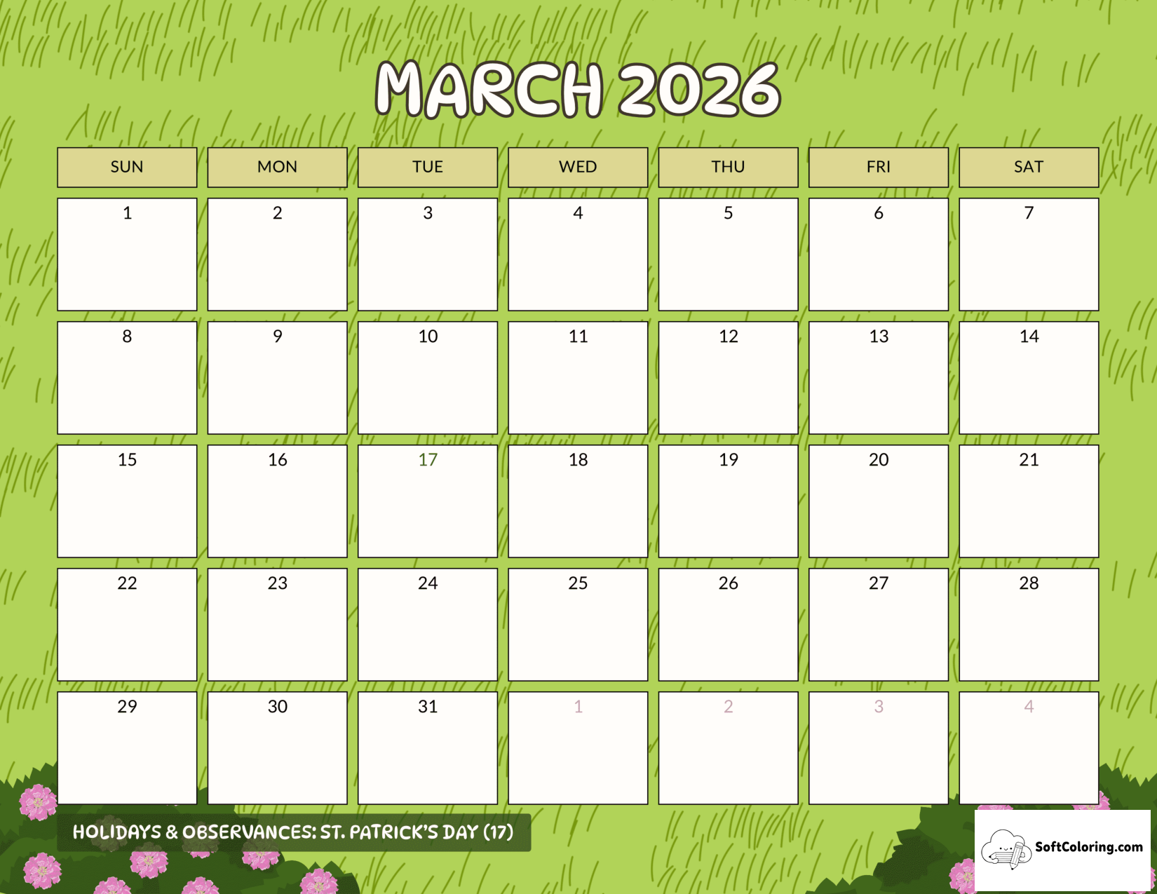 Simple Spring Grass And Hedges Printable March Calendar 2026