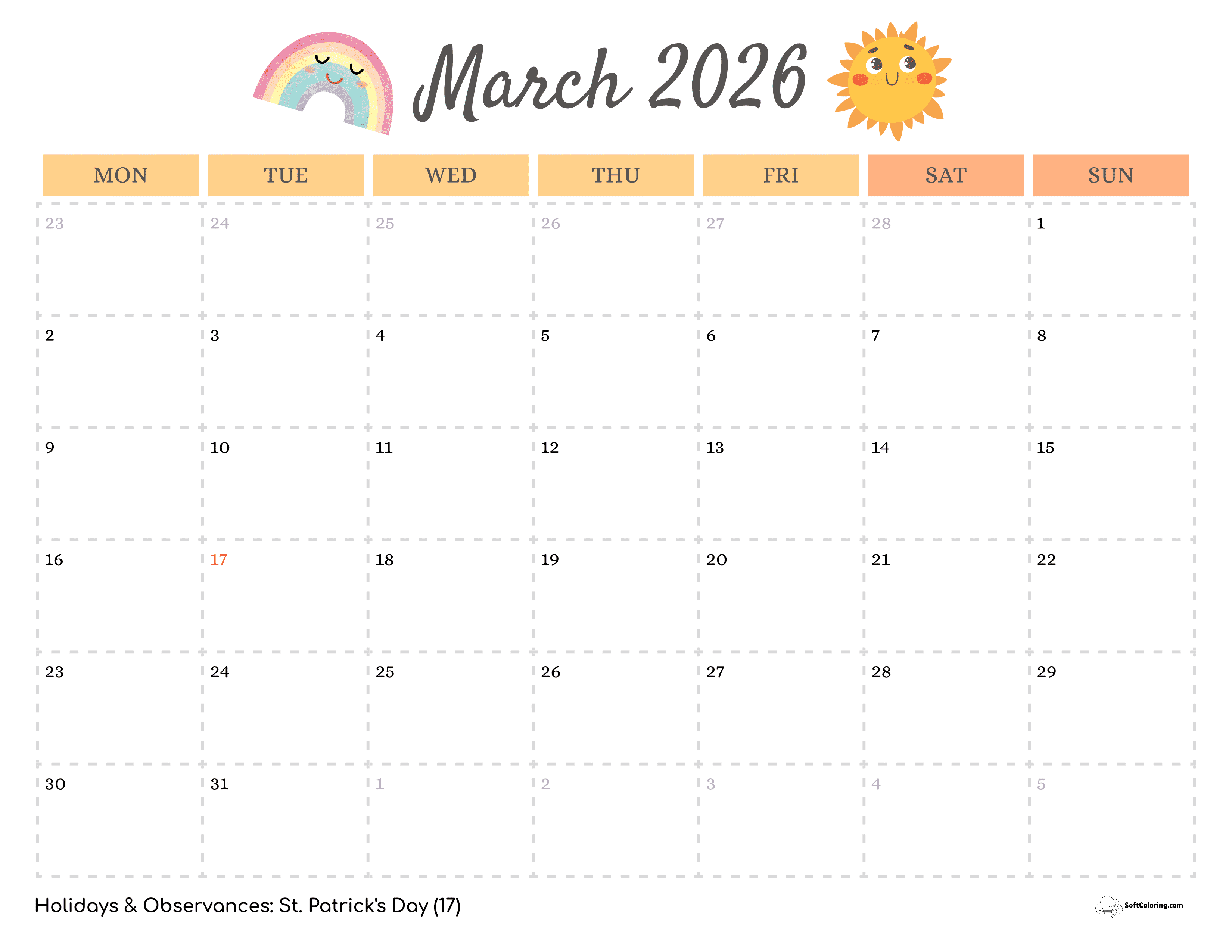 Sunshine - March 2026 Monday Calendar