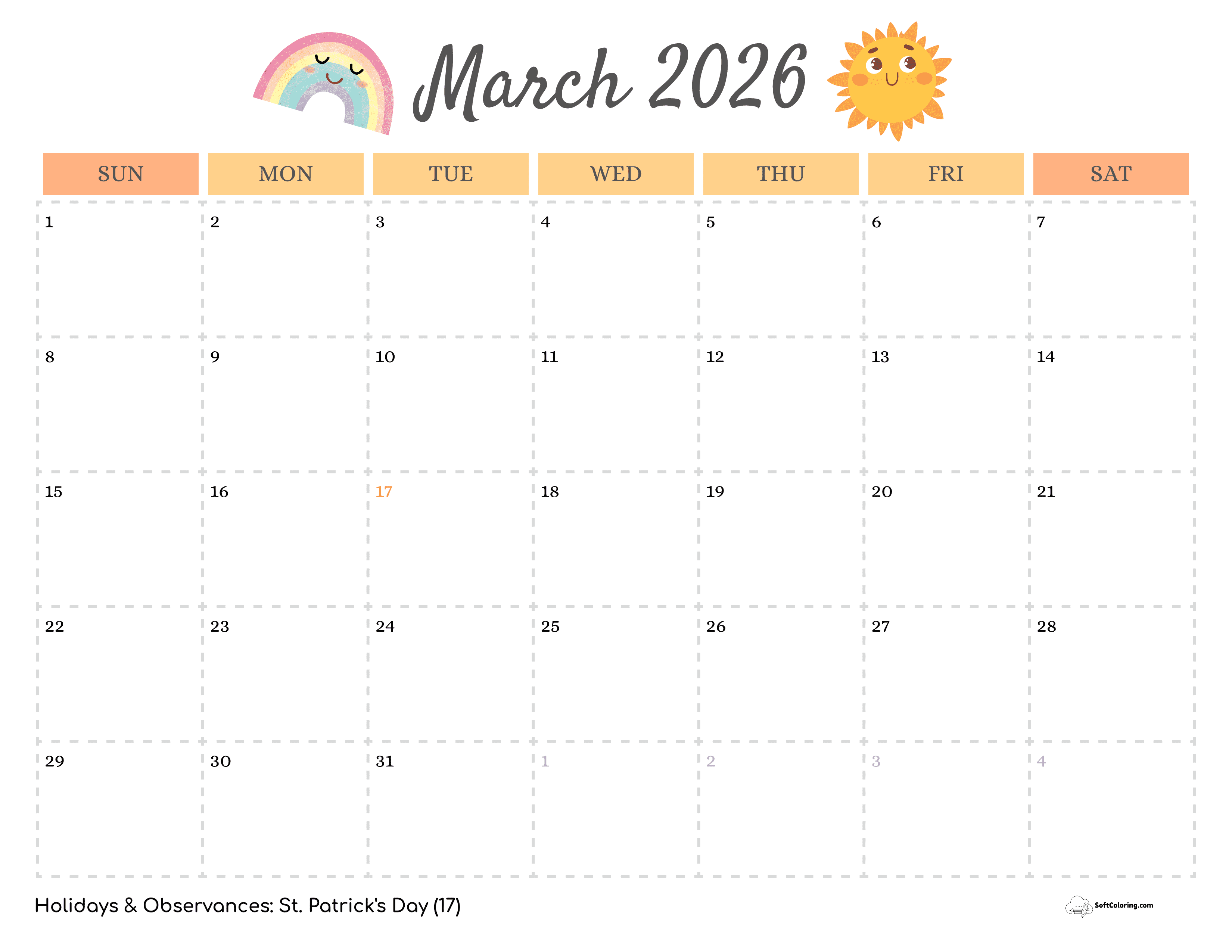 Simple Springtime Sunshine & Rainbows 2026 March Calendar Template