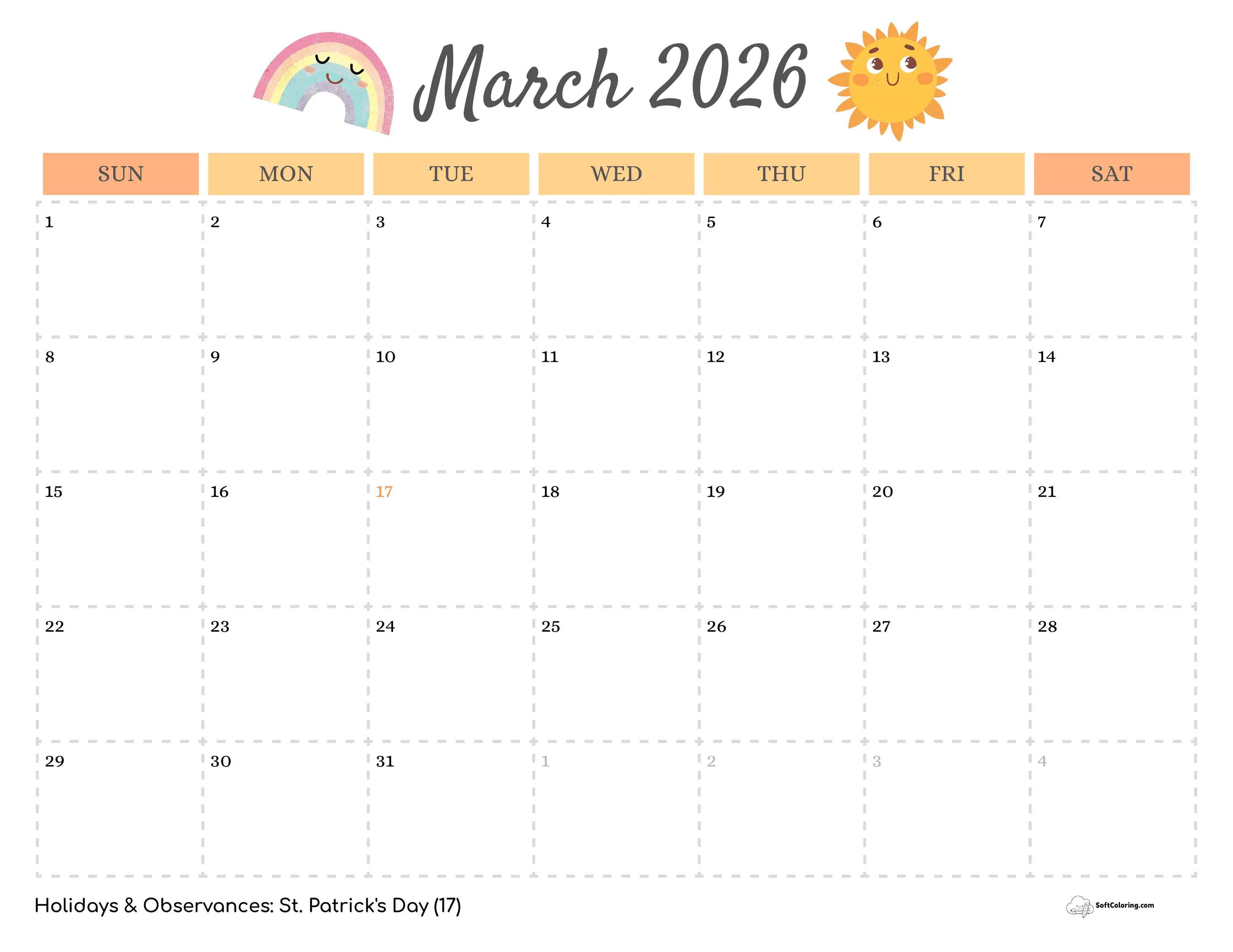 Simple Springtime Sunshine & Rainbows 2026 March Calendar Template