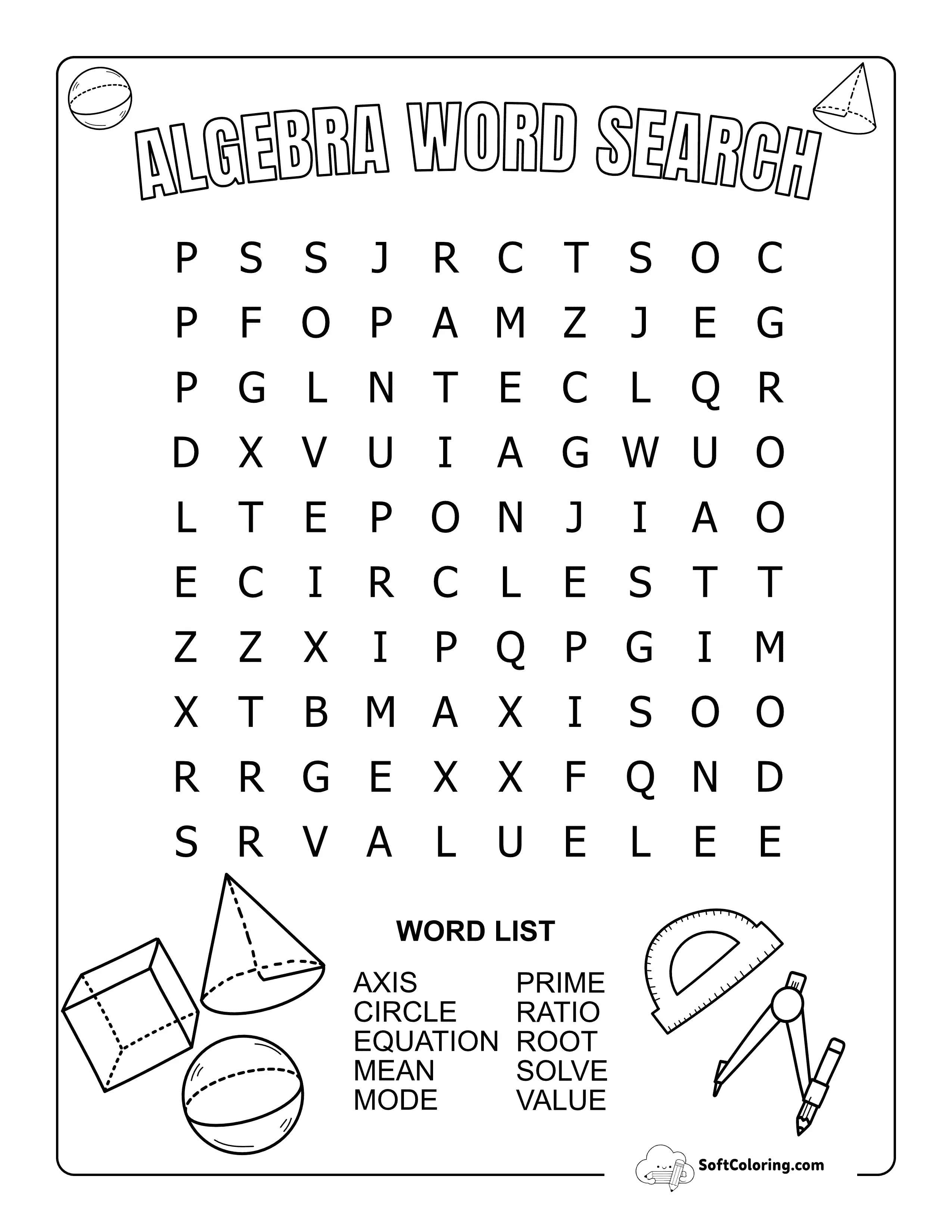 Easy Algebra Word Search