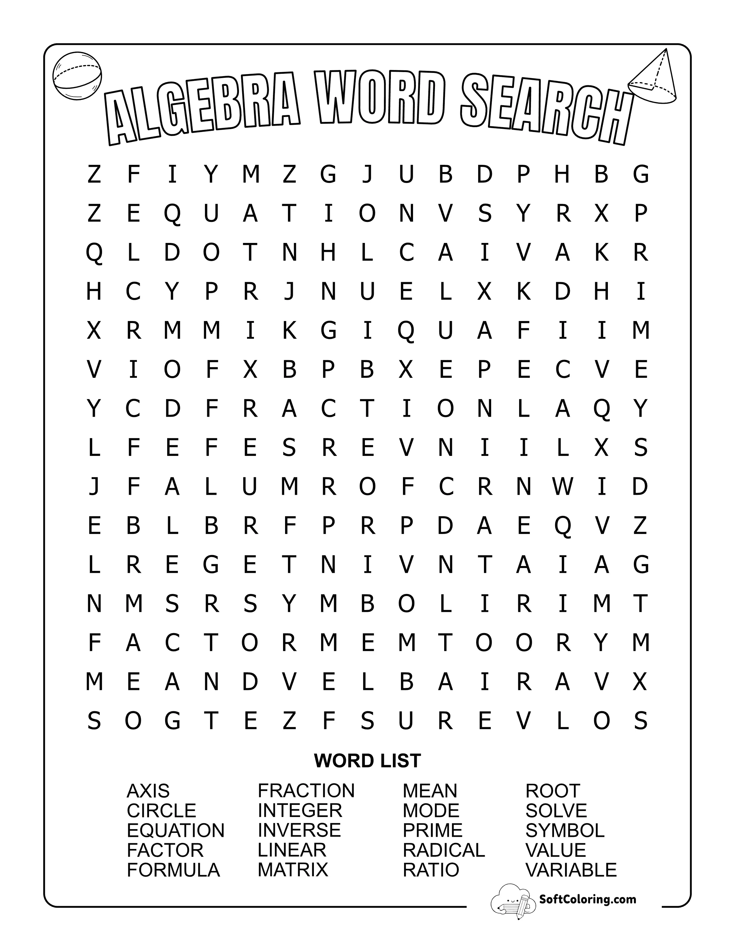 Medium Algebra Word Search
