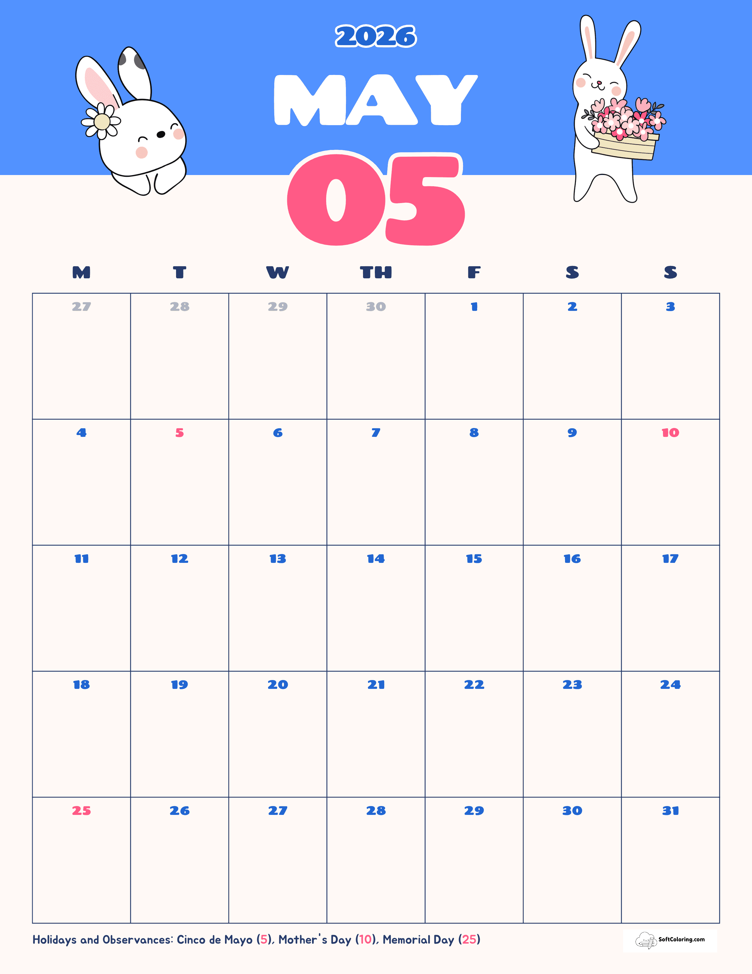 Bunnies - May 2026 Monday Calendar