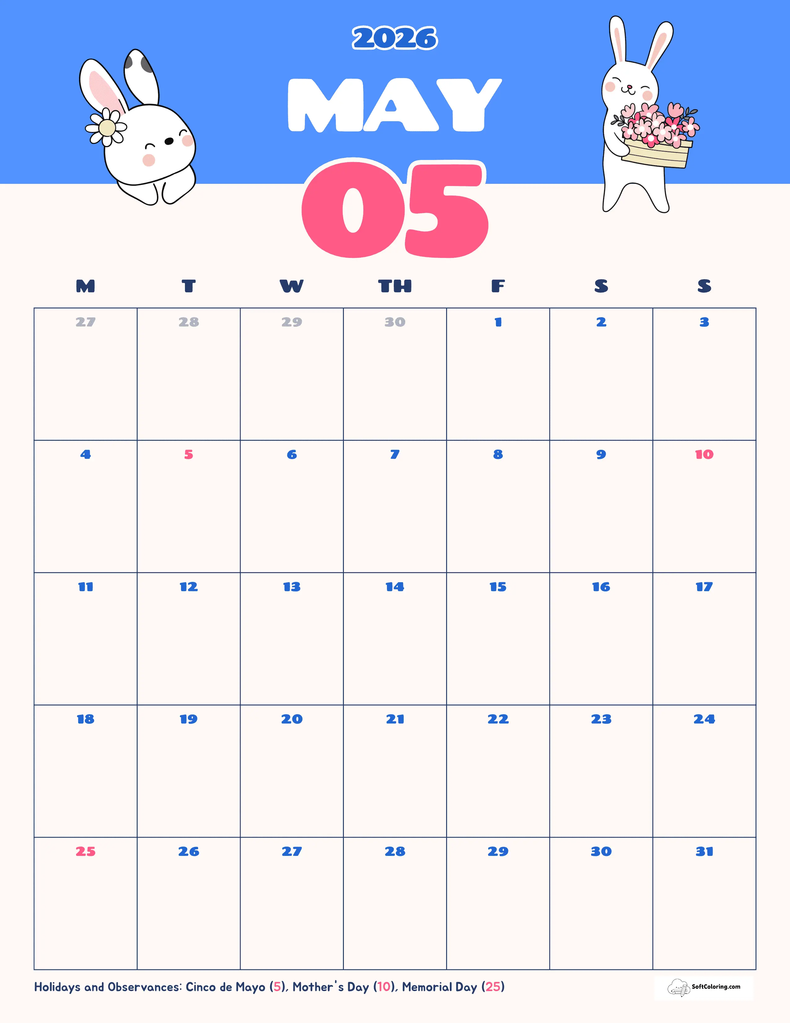 Bunnies - May 2026 Monday Calendar