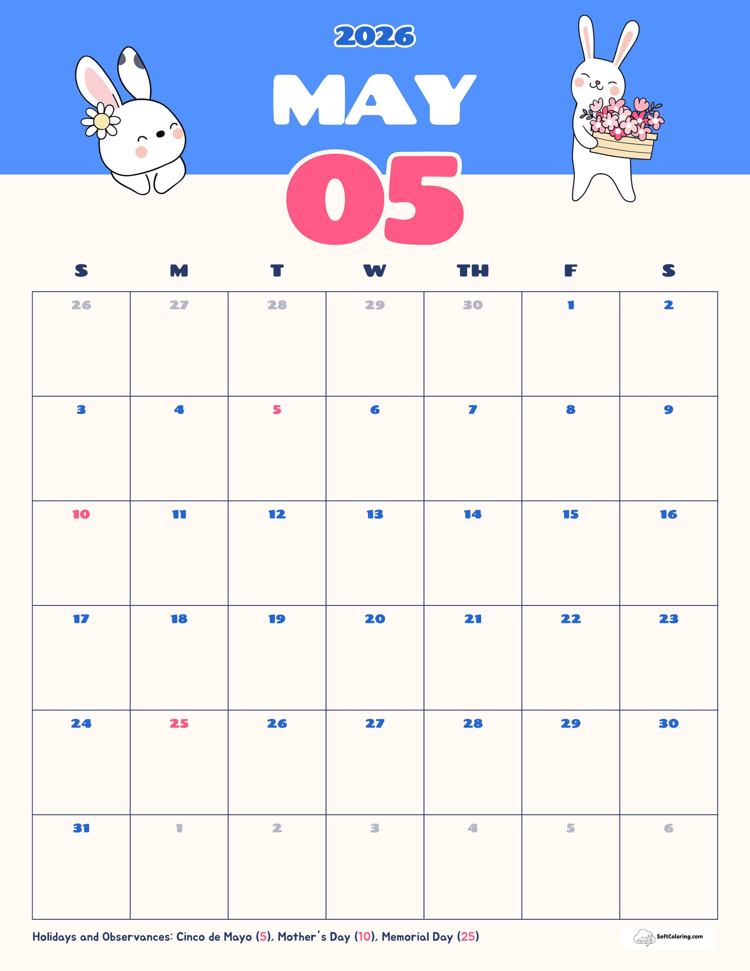 Colorful Springtime Bunnies May Portrait Calendar