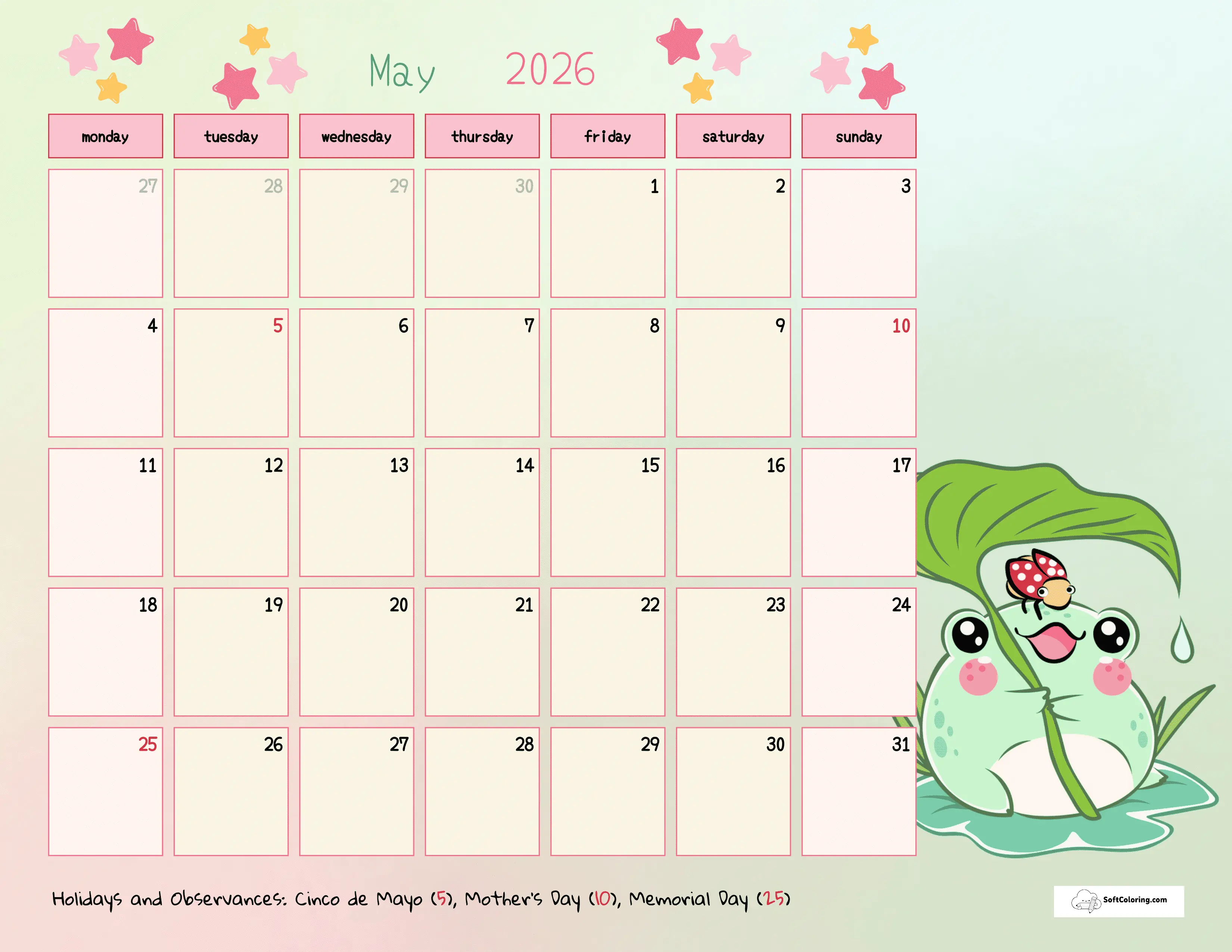 Froggy - May 2026 Monday Calendar