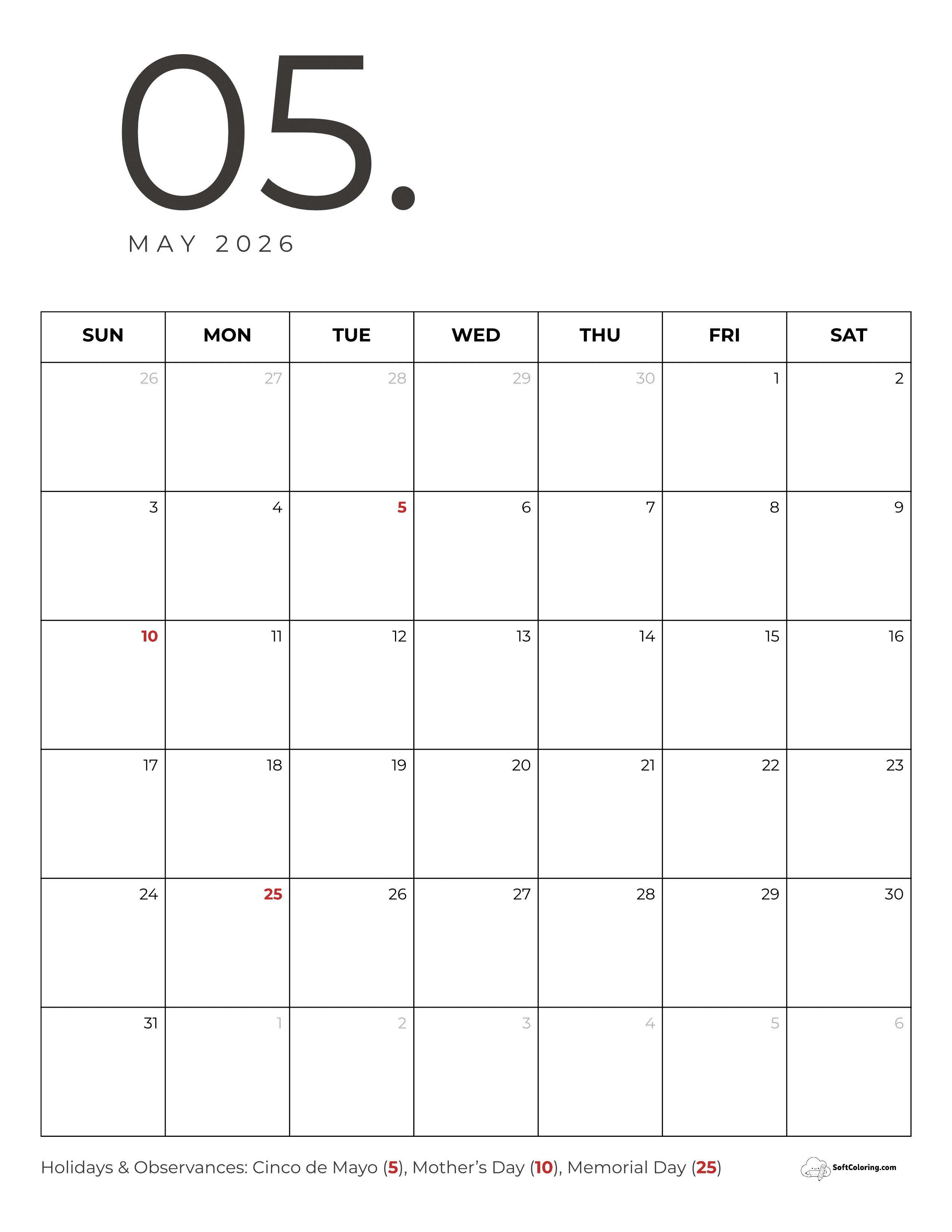 Portrait Minimalist May 2026 Calendar Template